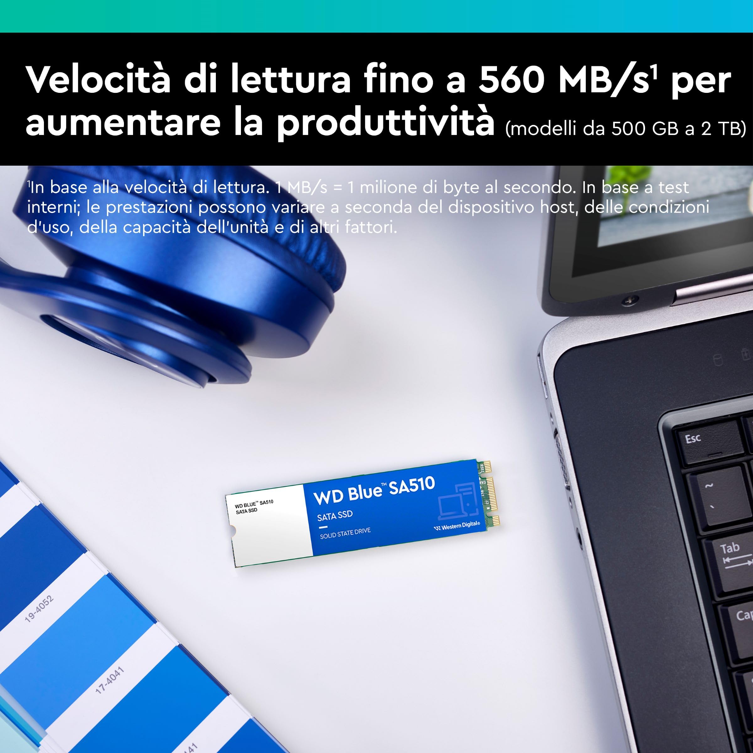 WD Blue SA510, 2 TB, M.2 SATA SSD, fino a 560 MB/s, Include Acronis True Image per Western Digital, clonazione e migrazione del disco, backup completo e ripristino rapido, protezione da ransomware