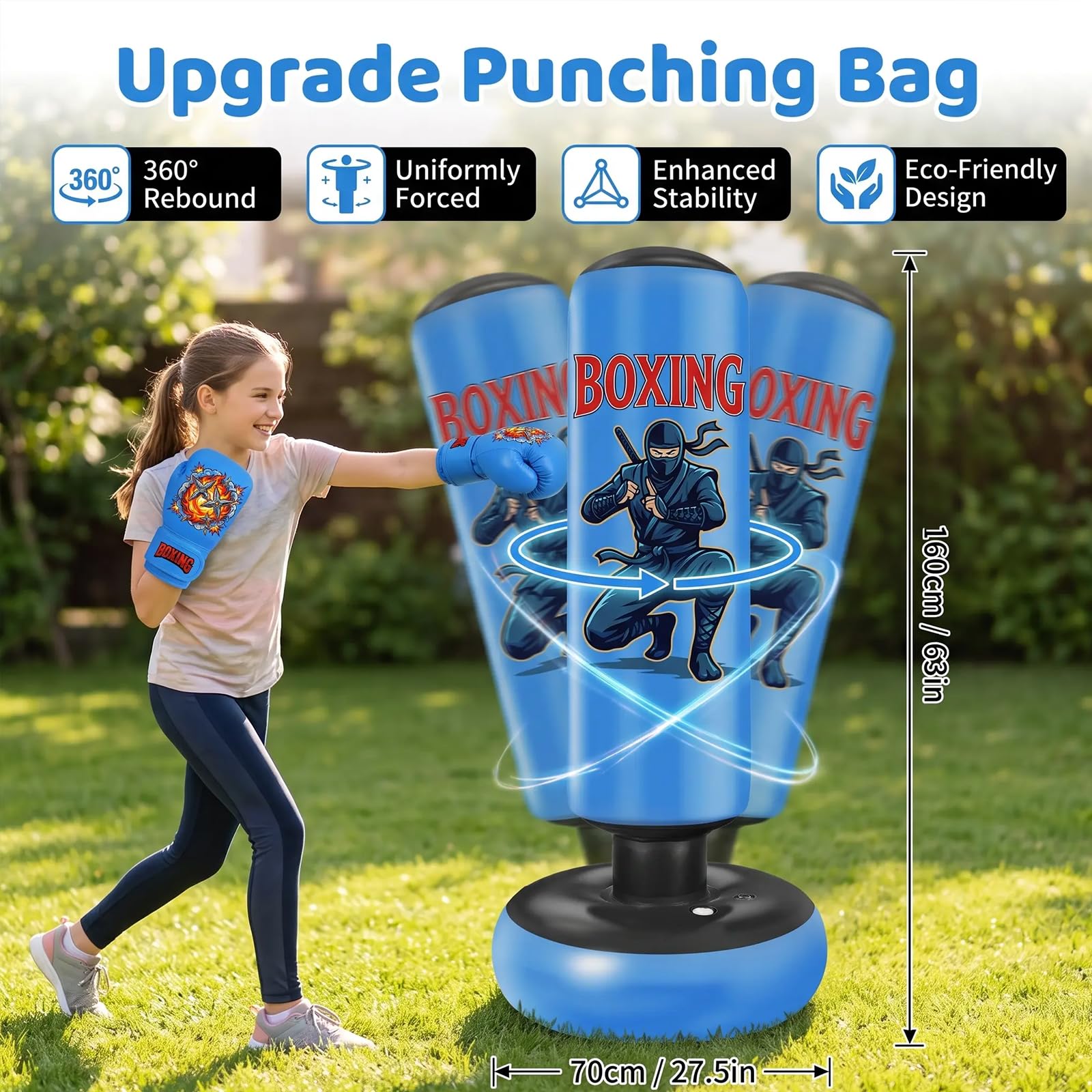 Qoosea Sacco da Boxe per Bambini, 165cm Stabile Pungiball Bambini con Guantoni de Box, Sacco da Boxe da Terra Gonfiabile per Taekwondo Karate MMA, Regalo per Ragazzi Ragazze