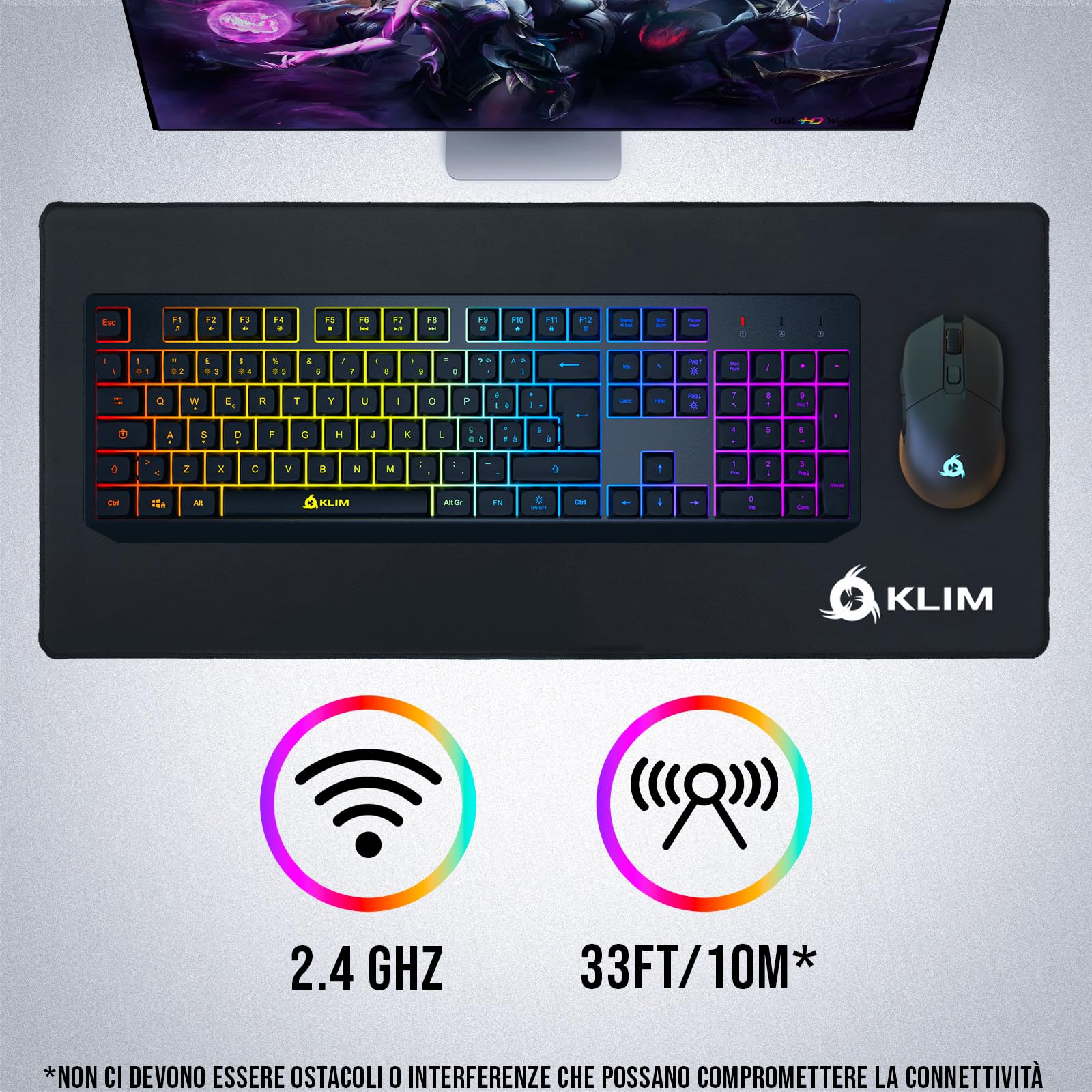 KLIM™ Chroma - Tastiera wireless per gamer QWERTZ Deutschland, sottile, durevole, ergonomica, discreta, impermeabile, silenziosa + tastiera Gamer retroilluminata per PC Mac + tastiera PS4 + nuova