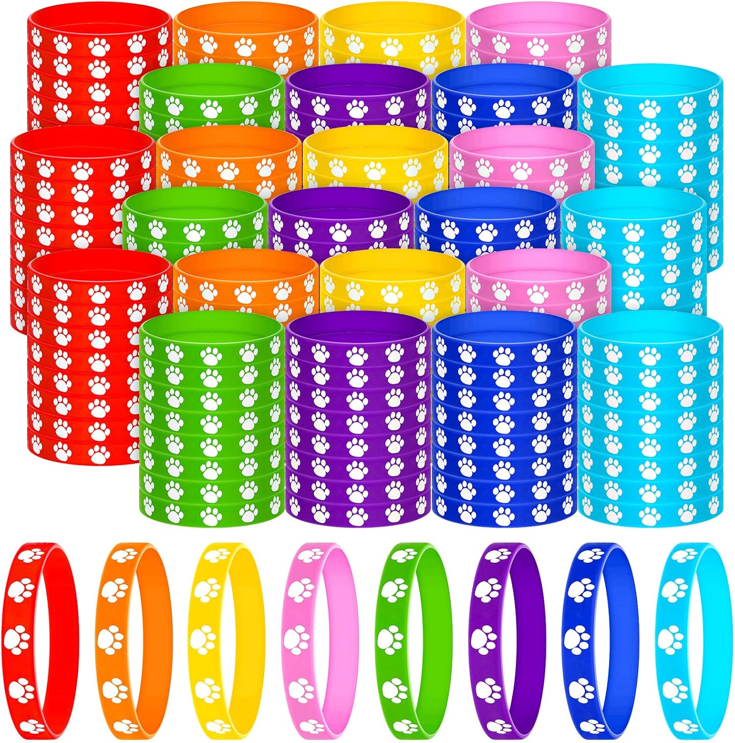 200 Pcs Paw Print Rubber Bracelets Multicolor Silicone Stretch Wristbands for Birthday Party Supplies(Multicolor)