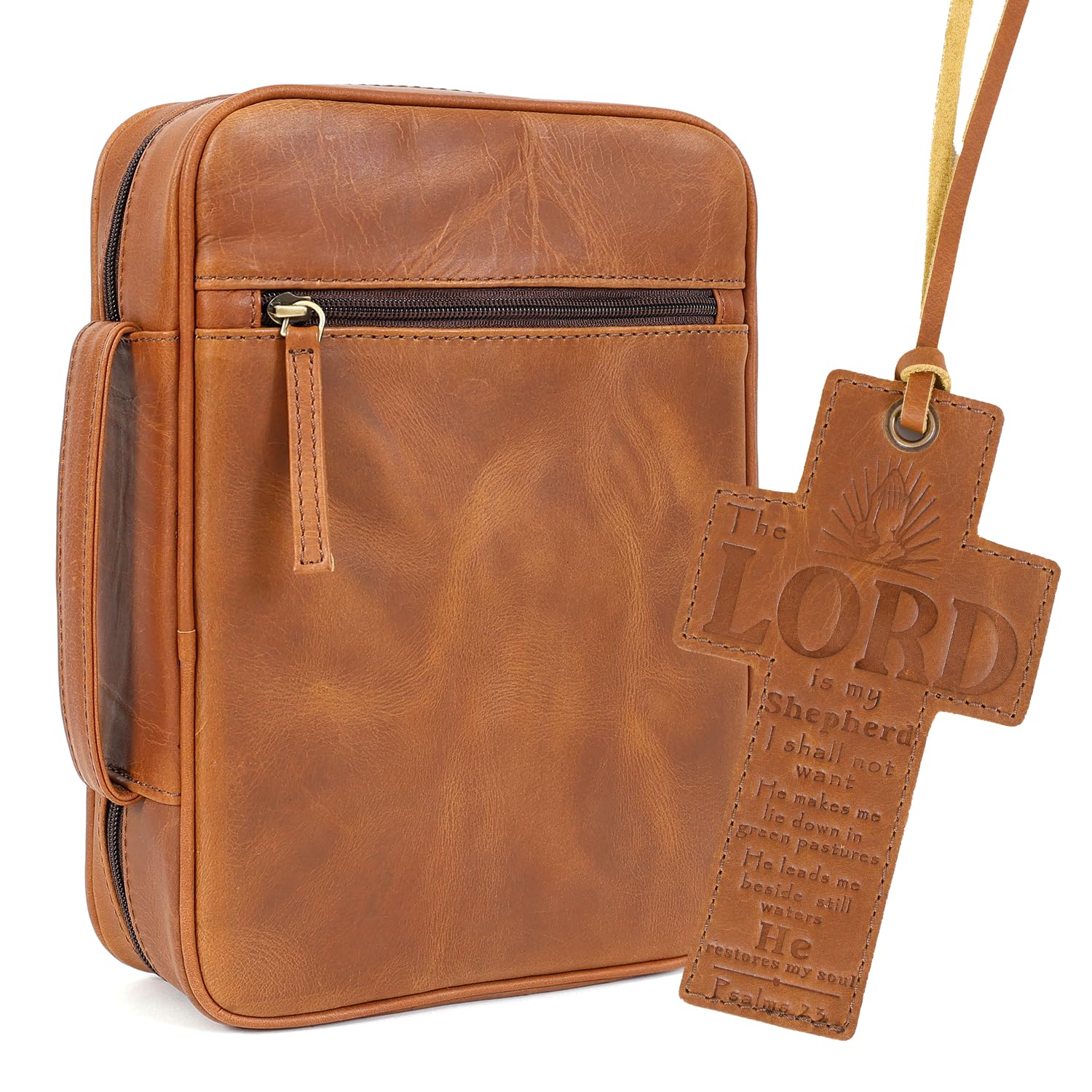 ELIZO Leather Bible Cover for Men Bible Case for Women Zippered Holder Protector Cross Church Tote Bag Carrying Organizer Sleeve Gift Study Tan