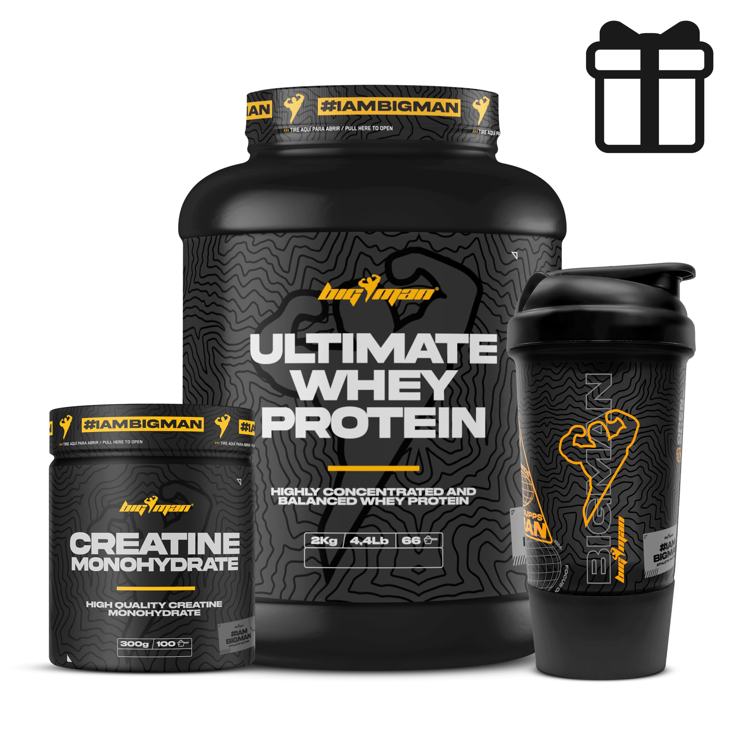 Pack BigMan Ultimate Whey Proteína 2kg + Creatina 300Gr + Shaker PRO | Fuerza, Resistencia | Masa Muscular | Tonificación Muscular | Recuperación Deportiva (2 KILOS, Choco Blanco)