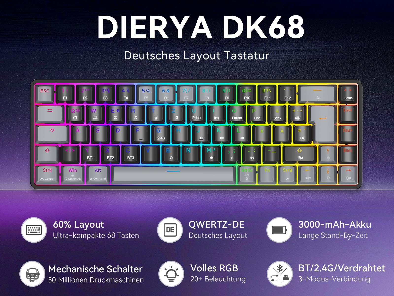 Dierya DK68 Kabellose Gaming Tastatur Deutsches Layout-QWERTZ,Bluetooth/2.4GHz/USB-C 68 Tasten RGB Beleuchtung Mechanische Tastatur,Linear Roter Switch,Grauschwarz