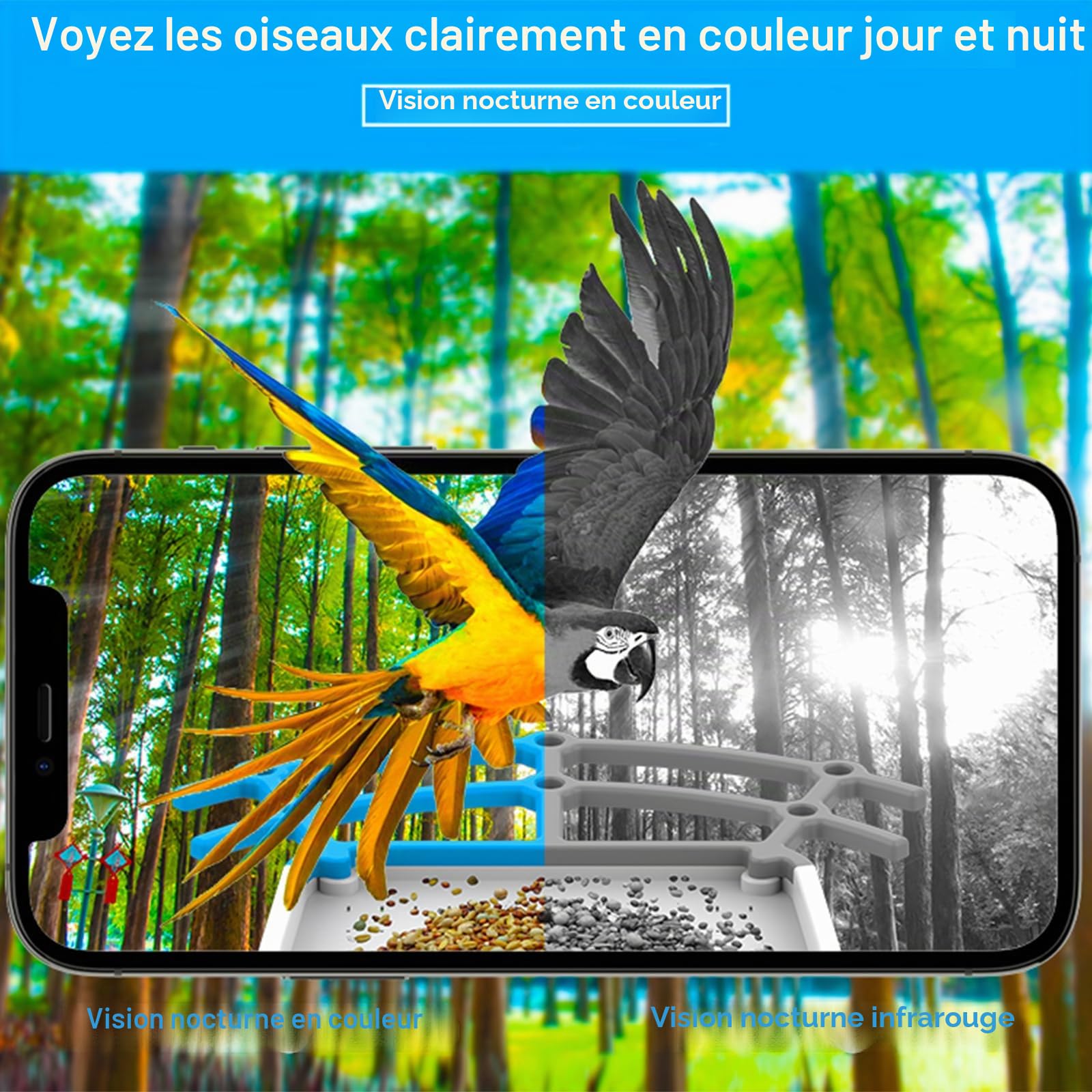 Nichoir avec Caméra, Maison d’Oiseaux avec Caméra, Mangeoire Vidéo WiFi | pour Oiseaux, Distributeur Intelligent avec Panneau Solaire & Reconnaissance IA des Oiseaux