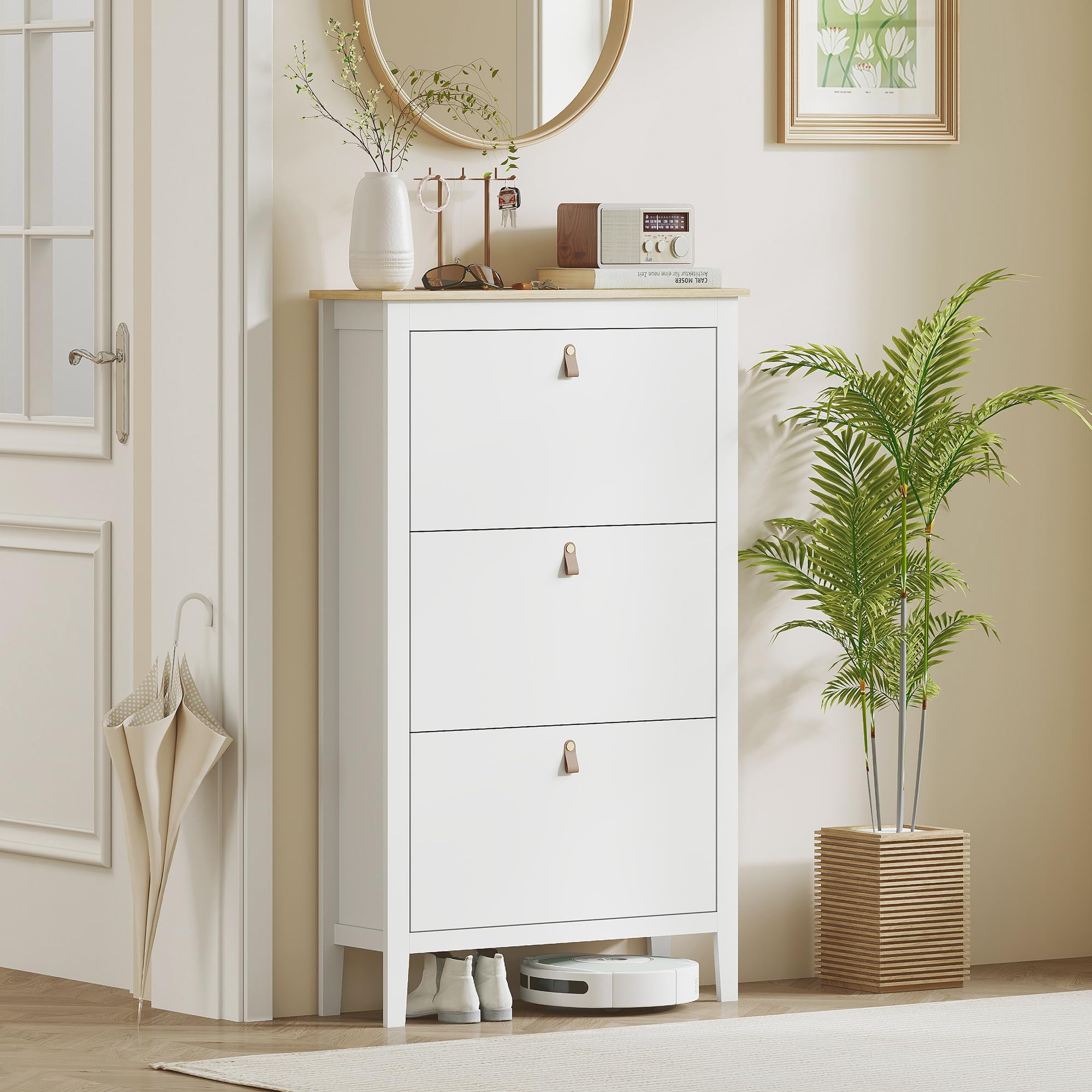 HOMCOM Zapatero Estrecho 4 Puertas, Zapatero Entrada Recibidor, Estantes Ajustables, Tiradores de PU, para 20 Pares de Zapatos, para Pasillo, Espacios Reducidos, 80x24x131 cm, Blanco