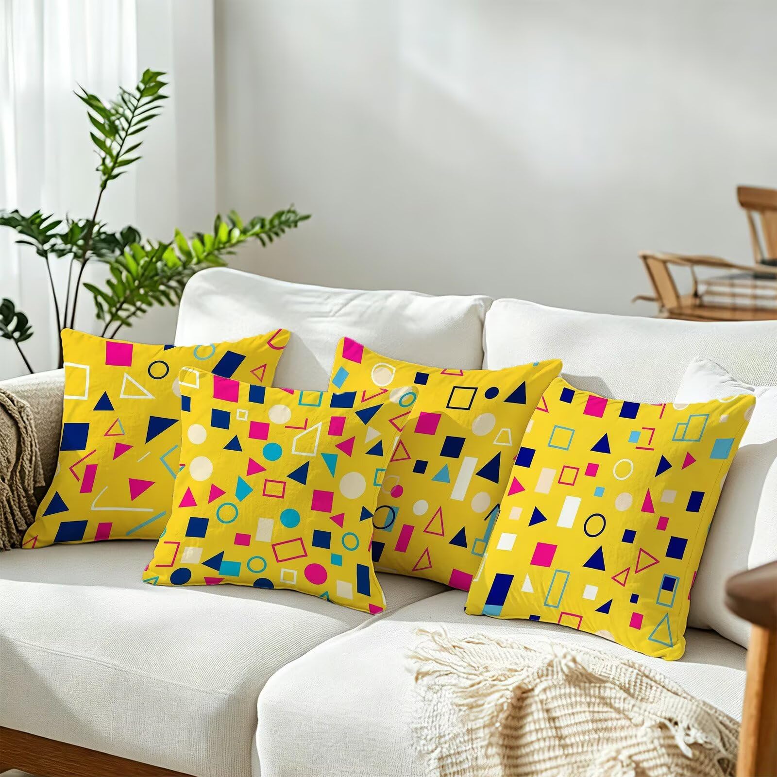 Giallo Federe Cuscini Divano 50x50cm, Cuscini da Esterno Set de 4, Cod-113 | Velour Copricuscini Decorativi Letto Arredo, per Letto, Soggiorno, Giardino, Esterno, Casa Decorazione Set di 4 Geometria