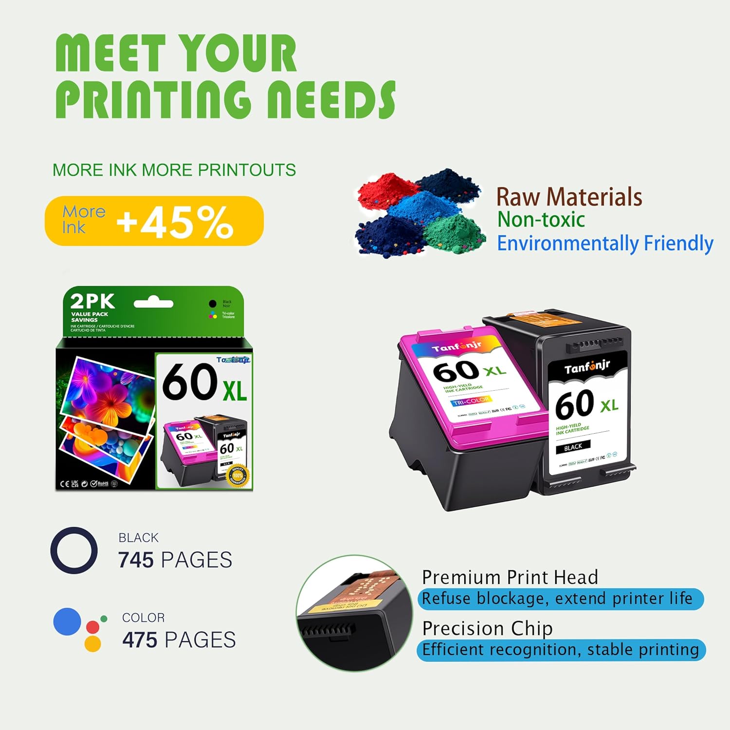 60XL Ink Cartridges Combo Pack Replacement for HP Ink 60 60 XL Work for PhotoSmart C4780 C4680 C4795 C4640;Deskjet F4480 F4440 F2430 ;Envy 110 120 111 114 Printers Ink (1 Black, 1 Tri-Color)