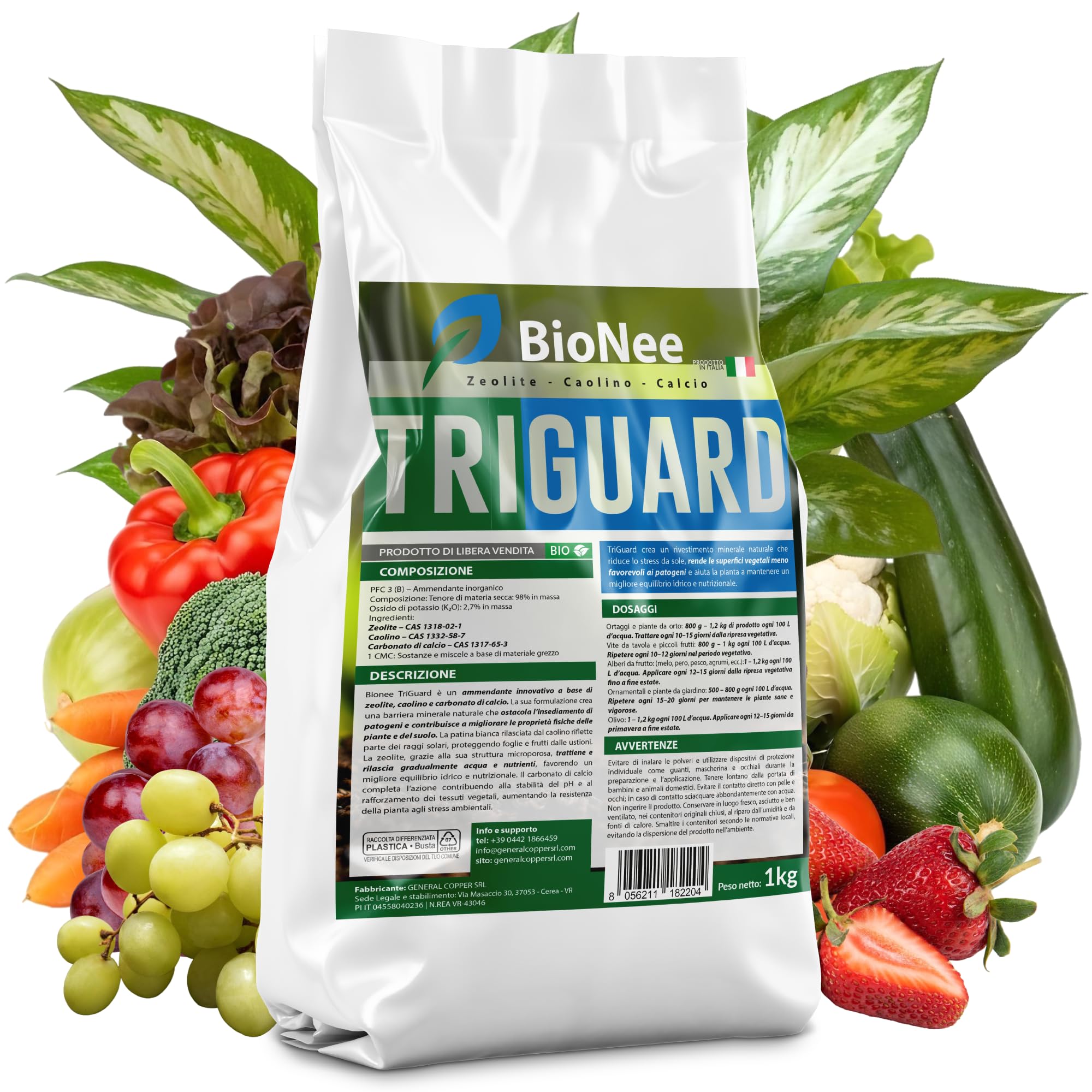 Bionee TriGuard – Corroborante a Base di Zeolite, Caolino e Carbonato di Calcio | Barriera Minerale Naturale contro Stress Solari e Patogeni | Per Orto, Frutteto, Vite e Giardino – 1 Kg