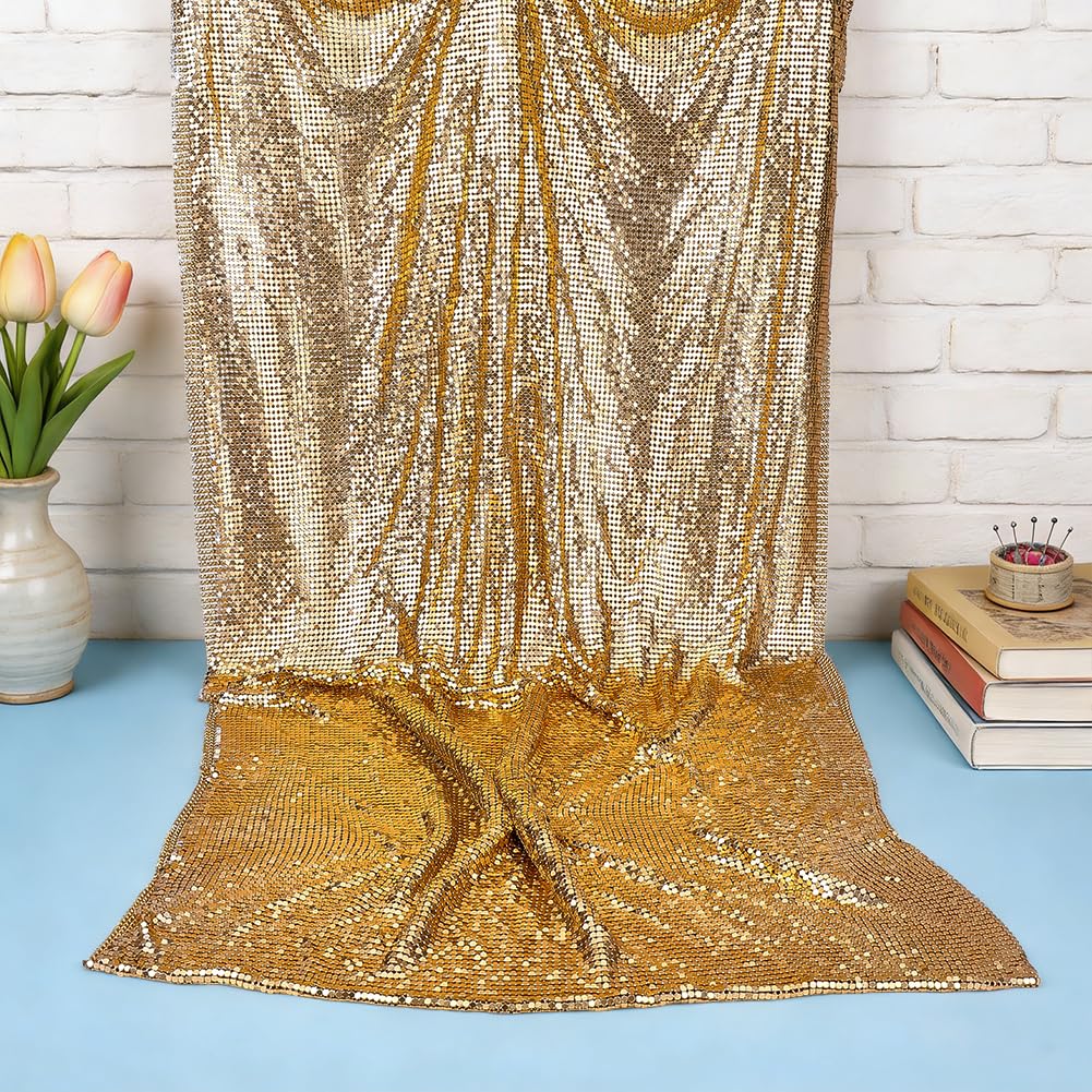 FINGERINSPIRE 45 x 150 cm, tejido de malla de aluminio dorado ancho, tejido decorativo de malla de perlas para proyectos de joyas, tejido rectangular brillante metálico para manualidades con parte