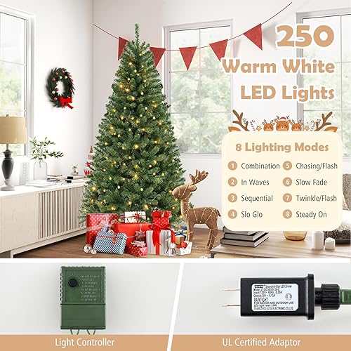 Miniatura 49 de GOFLAME Árbol de Navidad artificial preiluminado de 8 pies con luces LED blancas cálidas y conos de pino, decoración navideña para el hogar