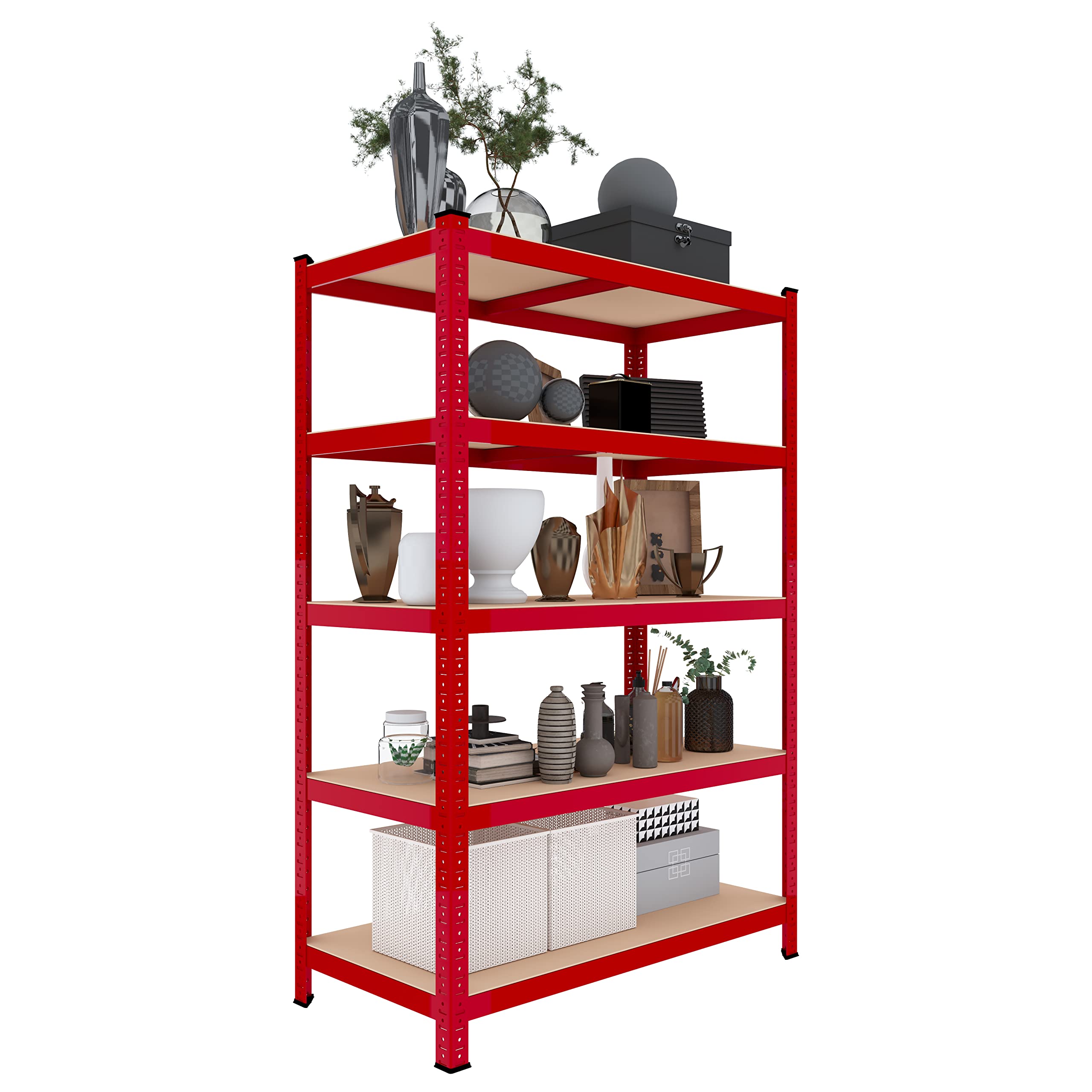 Bricozone Scaffale In MDF E Metallo Con 5 Ripiani Regolabili In Altezza Mensole Alta Portata Fino a 875 kg Garage Officina Cantina Capannone Magazzino Design Modulare 180 x 90 x 60 cm (Red)
