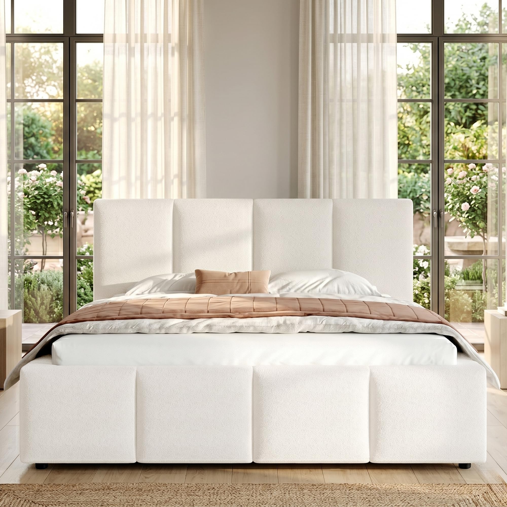 Letto imbottito160 x 200 cm, letto matrimoniale con rete a doghe, testiera, testiera imbottita, bouclé beige(Senza Materasso)