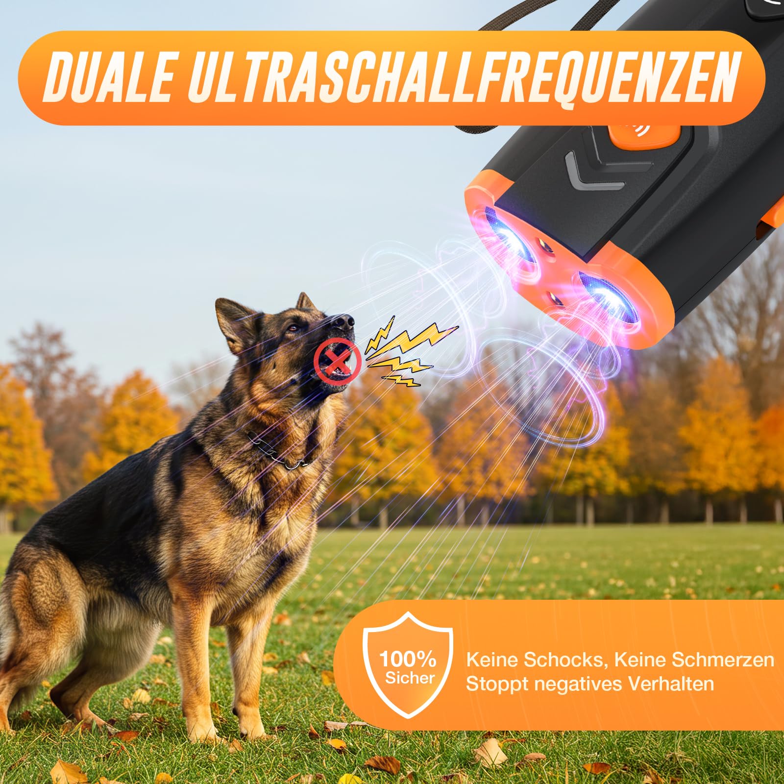HZK Ultraschall-Hundegebell-Abwehrgerät, Wiederaufladbares Anti-Bell-Gerät mit 4 Modi (Akustisch/Ultraschall/Stroboskop+Ultraschall/LED-Taschenlampe),7 M Reichweite,Geeignet für das Hundetraining