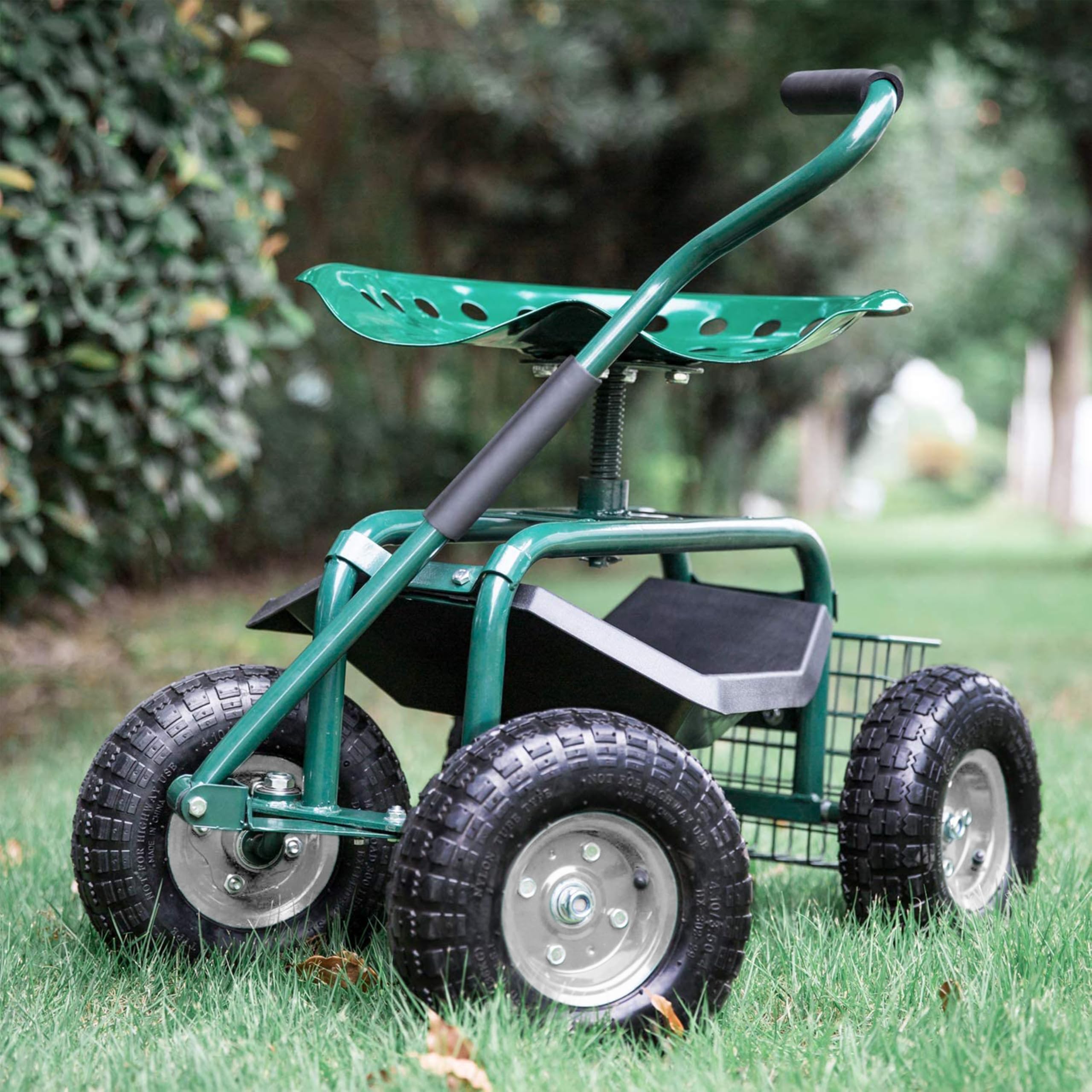 AXI AG22 Asiento de Jardin con Ruedas en Verde | Taburete de Jardinero con Caja de Almacenamiento | Carro de jardineria metalico con Carga MAX. 150 kg.
