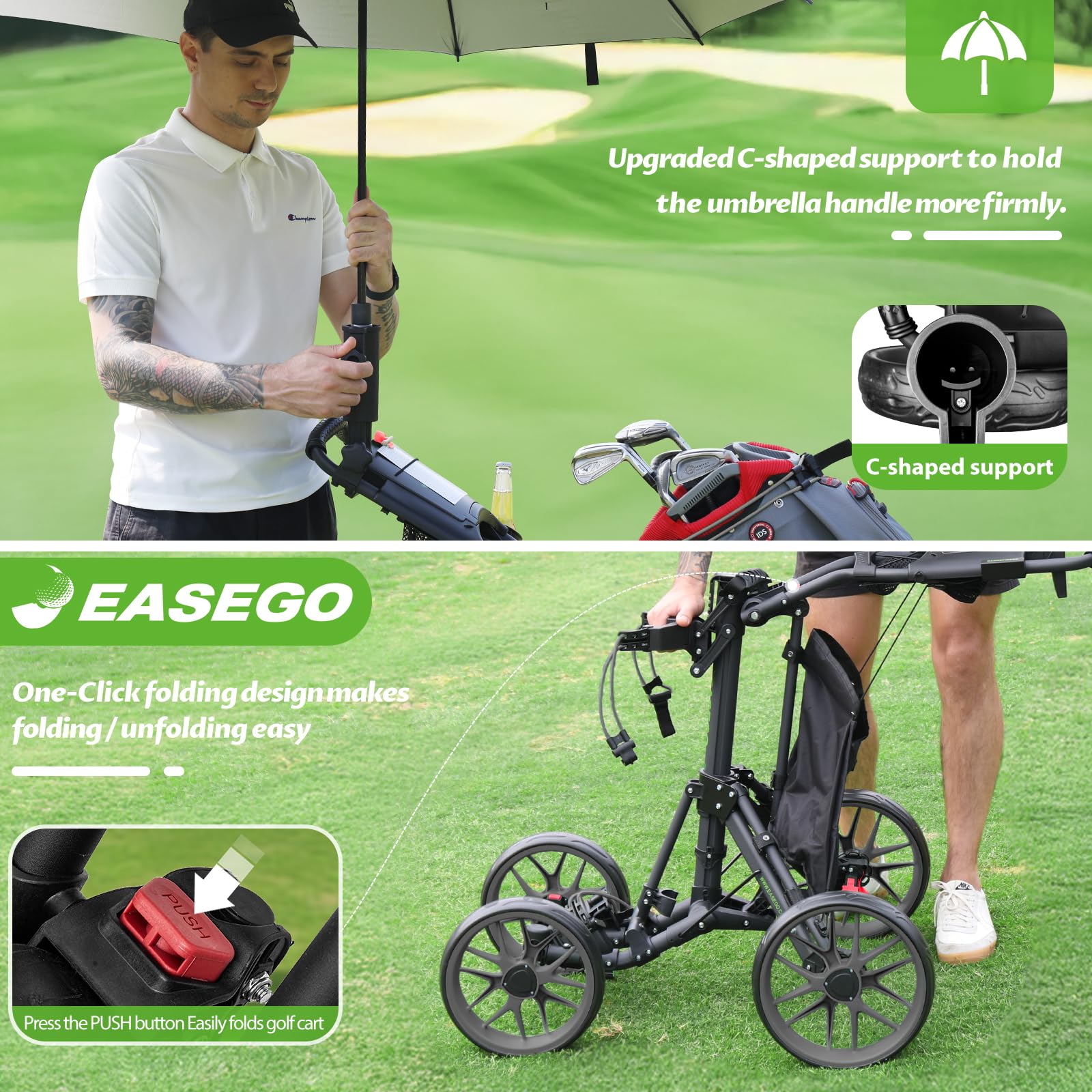 Golf Push Cart 4 Wheel : Golf Walking Carts with Phone Holder/Cup Holder/Umbrella Holder/Foot Brake/Cooler Basket 3 Wheel Superlite Golf Pull Cart All-Terrain Golf Caddy Carts