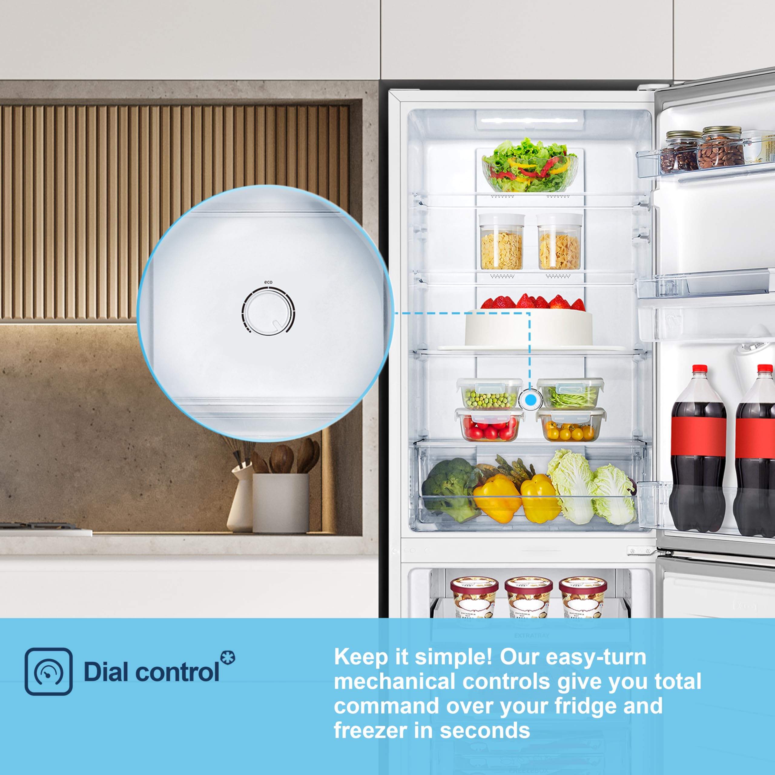 Fridgemaster MC55251DE 55cm Freestanding 256 litre 50/50 Fridge Freezer with Non-plumbed Water Dispenser - Frost Free - LED Lighting- 4 Star Freezer Rating -White - E Rated, H182.4 x W55 x D55.7 (cm) — view 10