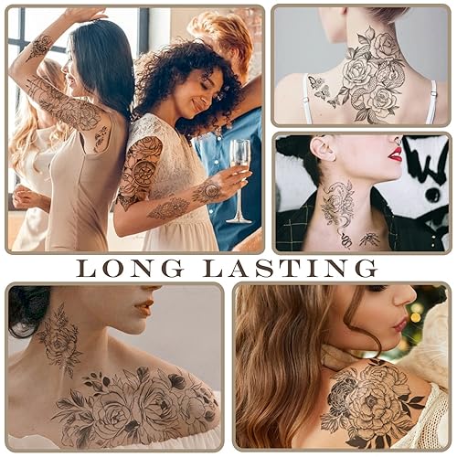 Miniatura 5 de Yazhiji 70 hojas de tatuajes temporales impermeables para niñas o niños, 10 hojas más grandes, mitad brazo, serpiente, girasol, peonía, tatuajes