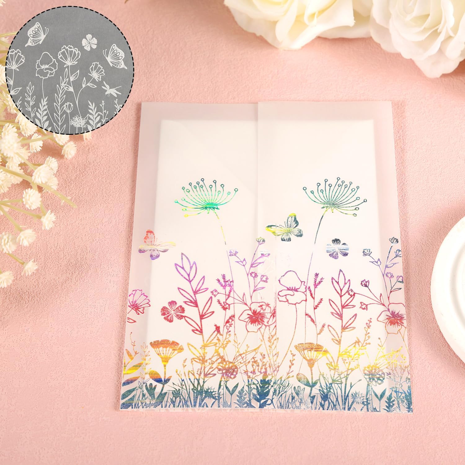 50pcs Pre-Folded Vellum Jacket for 5x7in Invitations, Floral Vellum Paper Translucent Invitation Sleeve Wraps for Wedding Baby Shower Birthday Greeting Cards