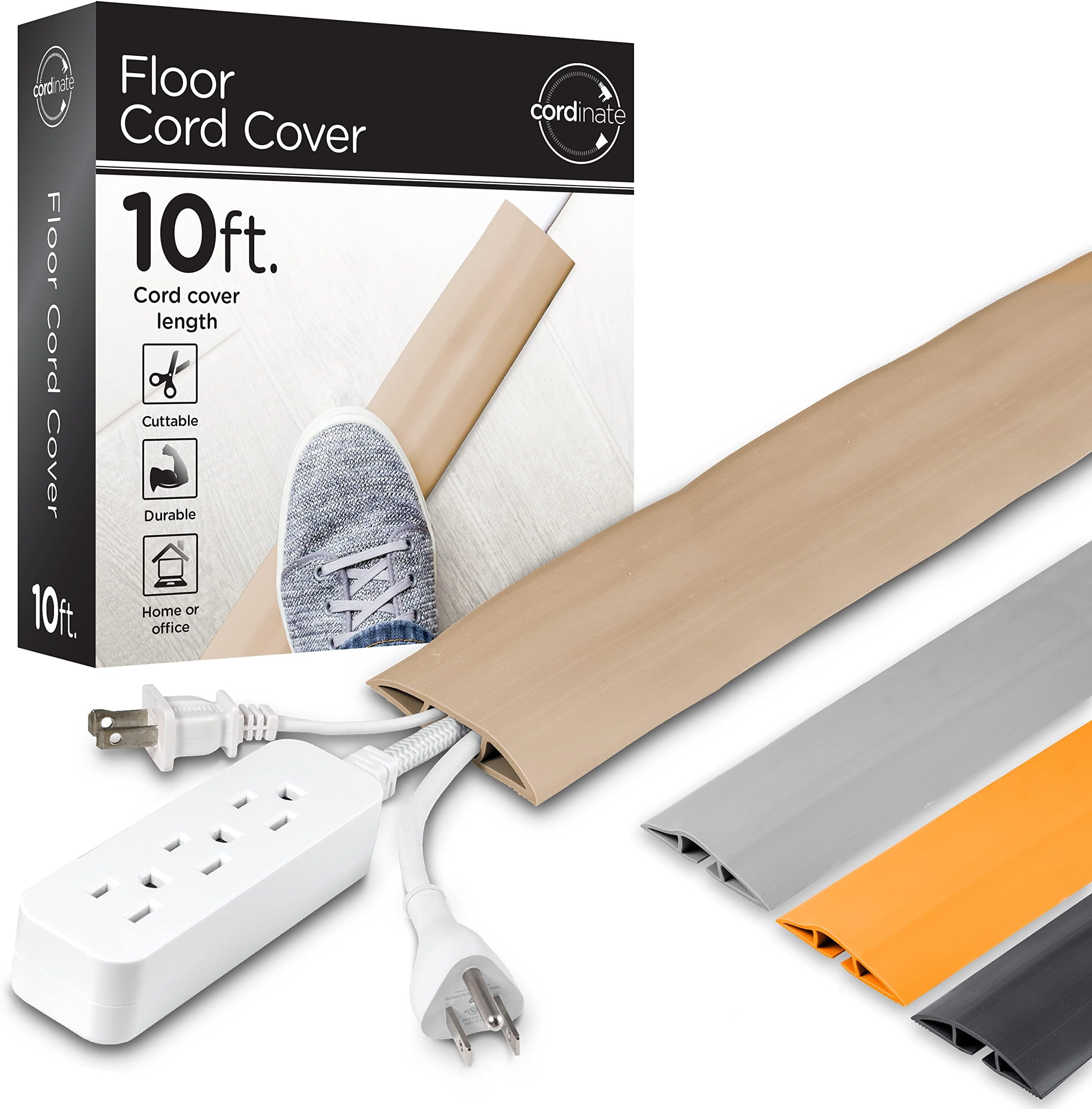 Cordinate 10ft Floor Cord Cover, Cable Protector, Hide Extension Cords, Protect Cords, Prevent Cable Trips, Heavy Duty Cord Hider - Cable Cavity = 0.75" (W) x 0.43 " (H) - Tan
