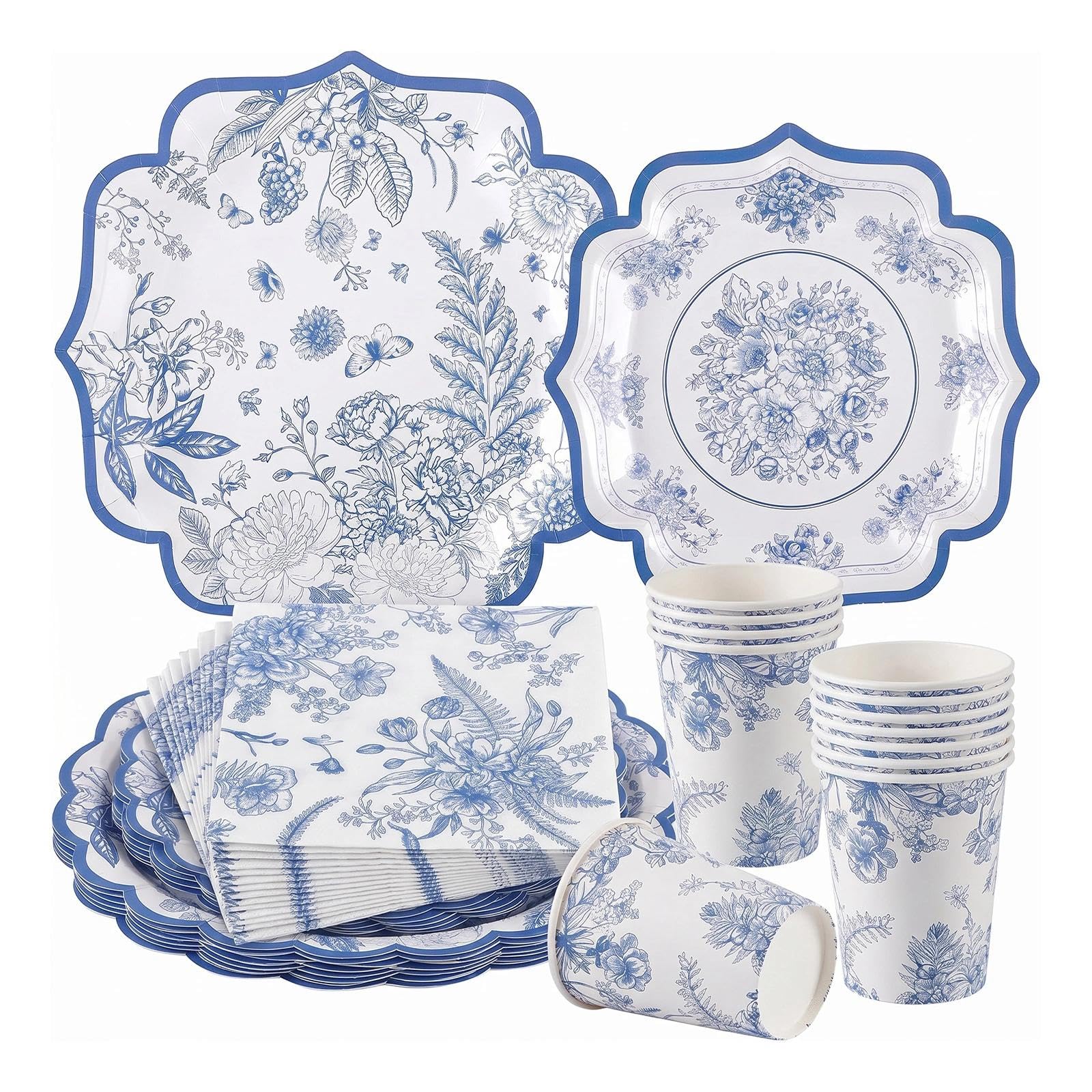 100Pcs Vintage Blue Party Plates Set, 9" and 7" Blue & White Porcelain-Style Paper Plates Napkins, Cups Serves 25 Guests, Disposable Tableware for Afternoon Tea, Birthdays, Bridal Showers, Weddings