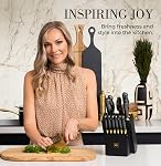 Couteau noir et or avec bloc et aiguiseur – 14-Piece Couteaux d'or Tang complet avec bloc de couteau separant – Accessoires de cuisine de luxe durables pour la cuisson et la préparation; Idéal pour le cadeau