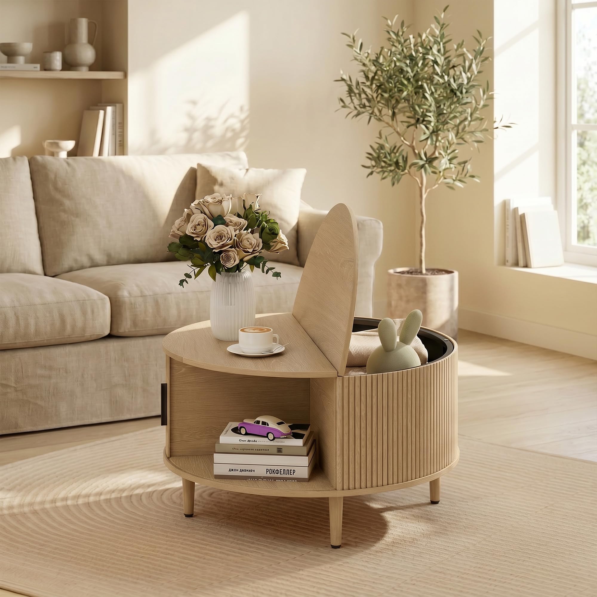 HOMCOM Tavolino rotondo contenitore, 80 cm centro moderno, Naturale
