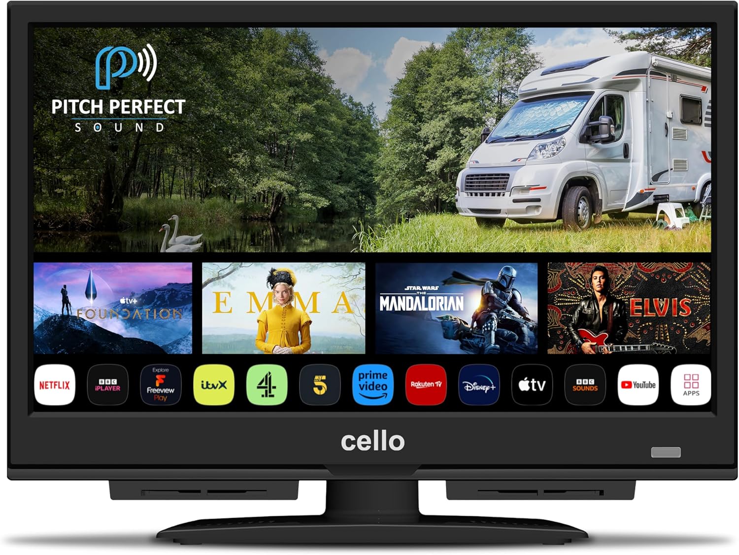 Cello 12 Volt 16 inch Smart TV Made in UK (2024) | Ultrafast WebOS, Freeview Play, FreeSat, Bluetooth, Pitch Perfect Speakers, Prime Video, Apple TV & BBC | Small TV for Campervans, HGVS & Boats
