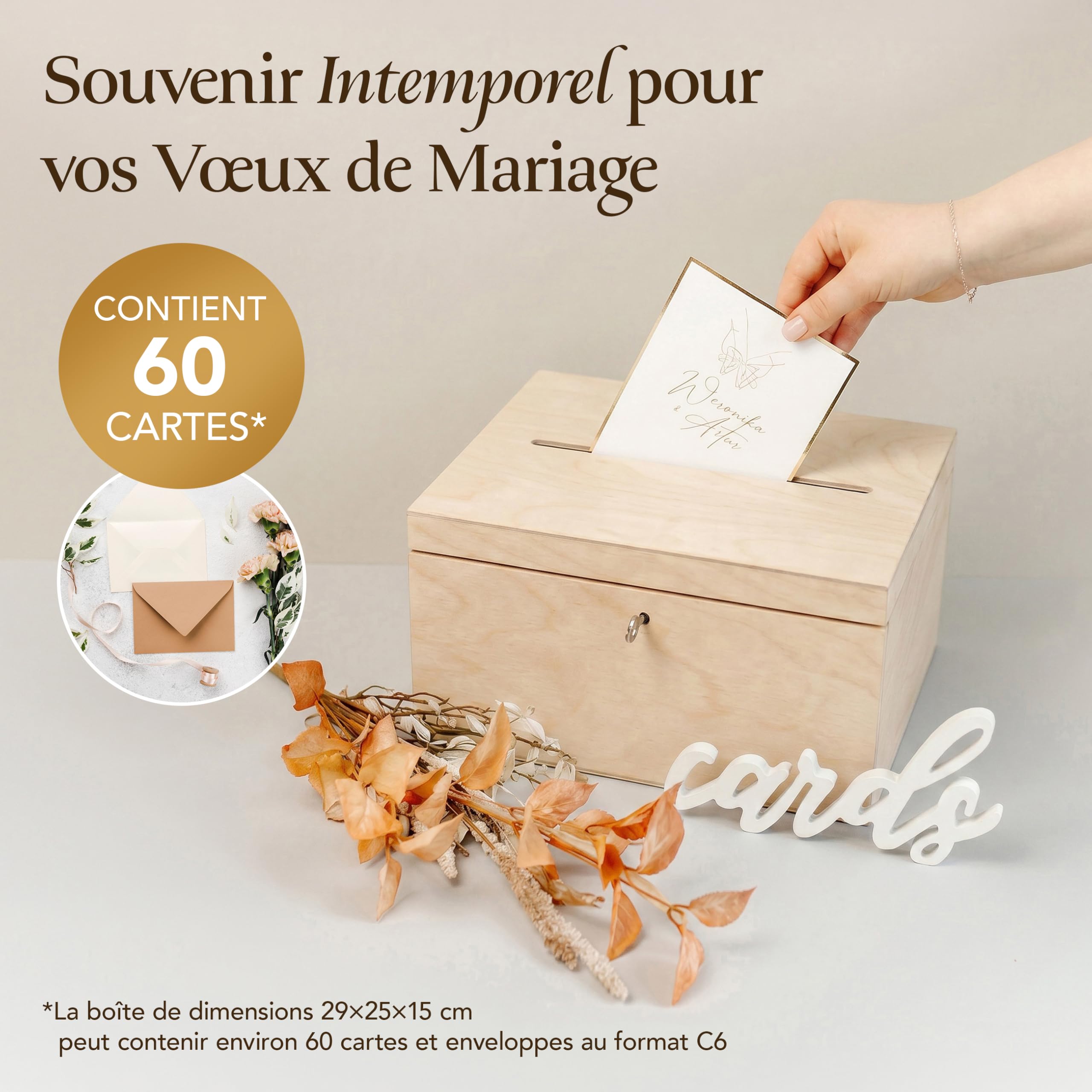 Creative Deco Boite en Bois pour Enveloppes | 29 x 25 x 15 cm | Bois Naturel | avec Couvercle et Clé | Boîte pour Occasions Spéciales | Urne Anniversaire | Mariage | Boite a Souvenirs, Cartes Lettre