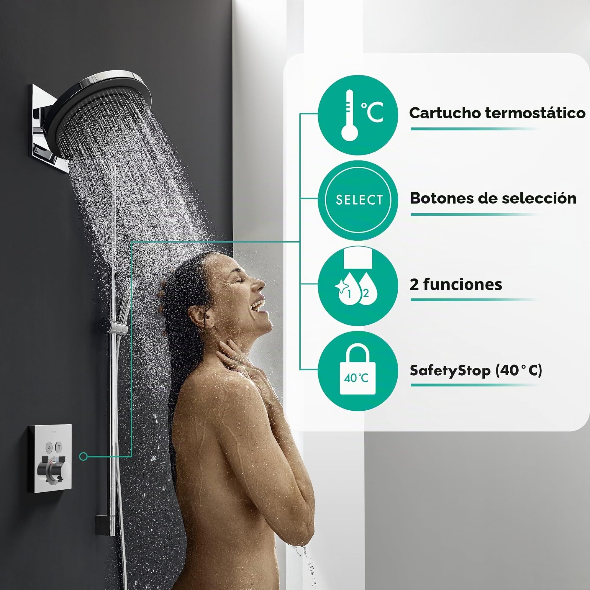 hansgrohe ShowerSelect - termostato empotrado , grifo con botón de seguridad (SafetyStop) a 40 °C, termostato rectangular para ducha y bañera, mezclador para 2 funciones, cromo, 15763000