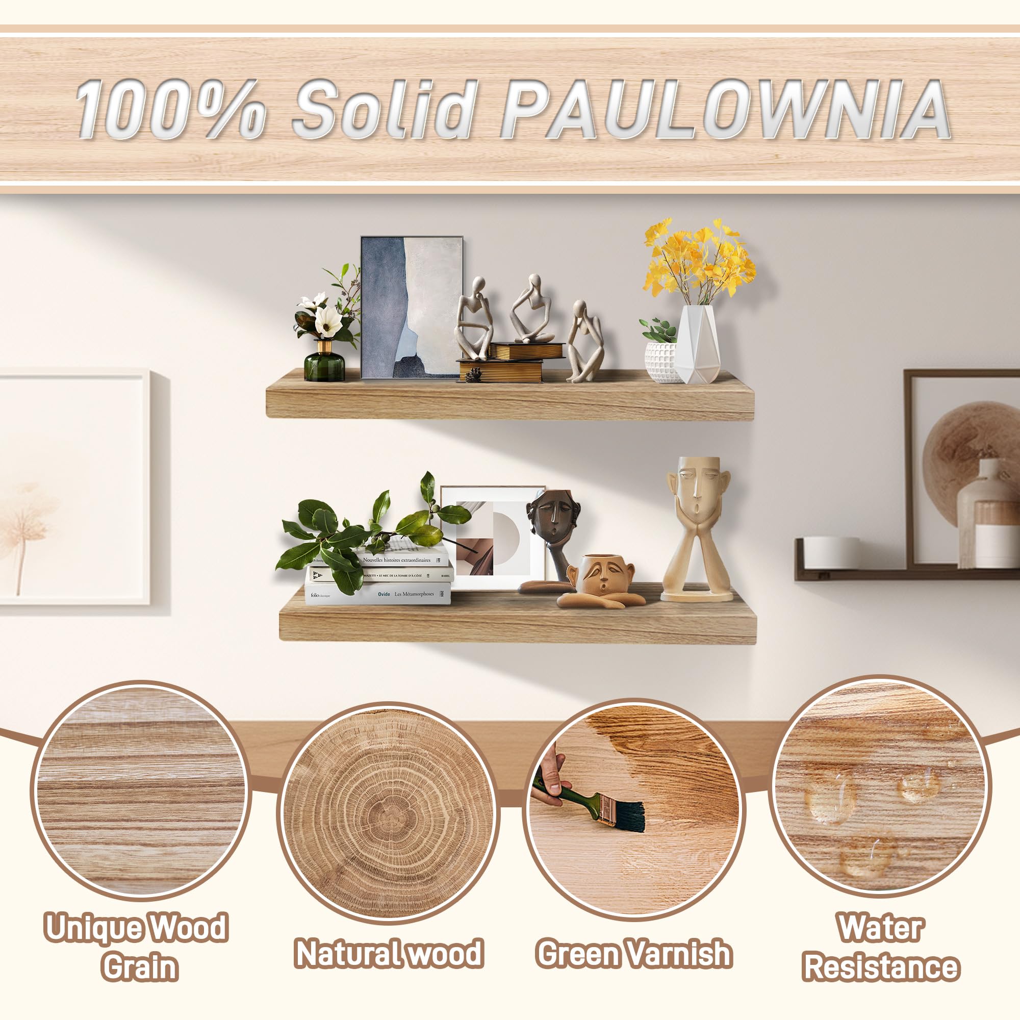 Quibbay Estantes flotantes para pared, juego de 2 estantes de pared de madera, estante colgante de 15.7 pulgadas con soportes invisibles, estantes flotantes para decoración de pared para baño, sala de