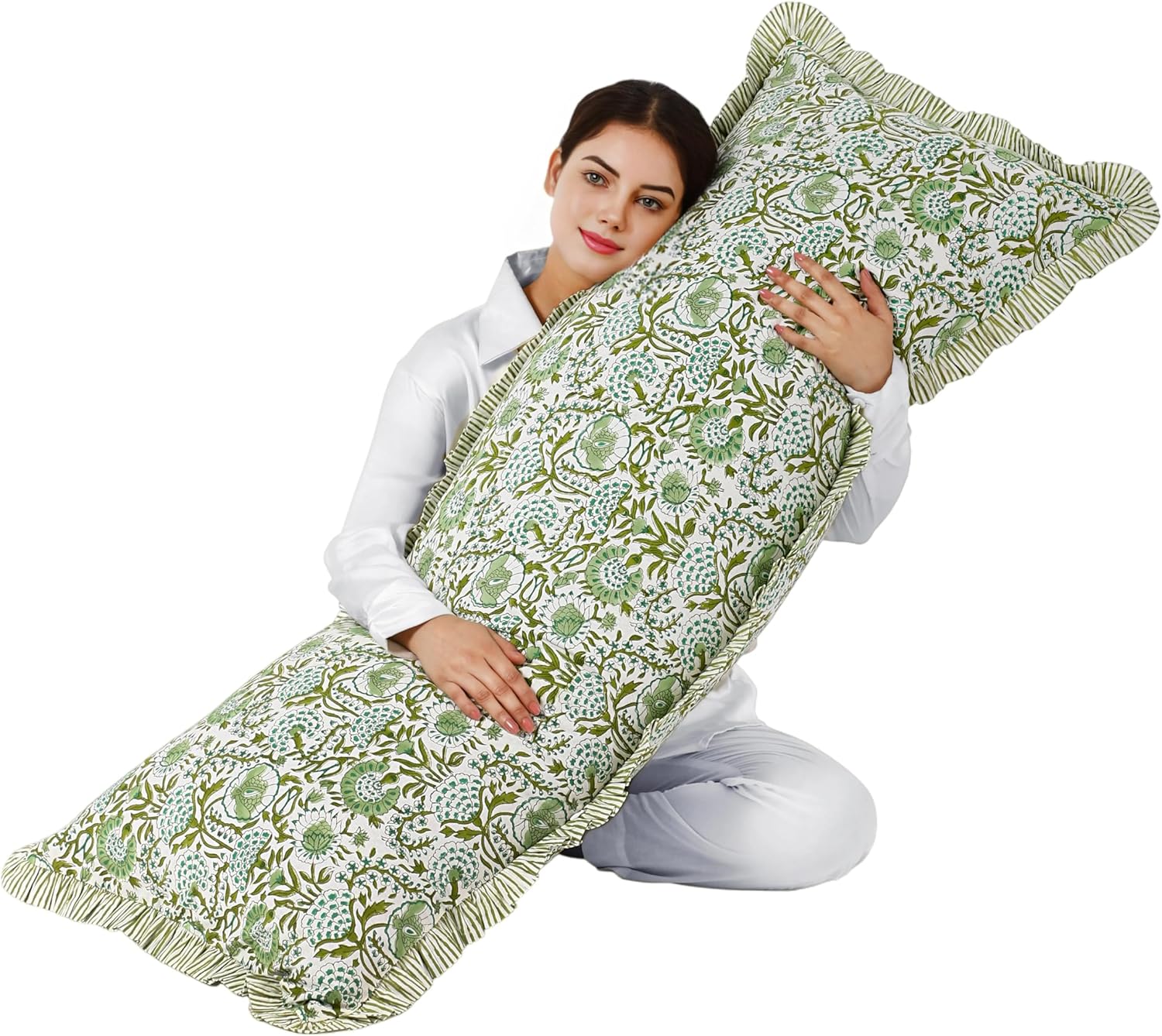 CPC Agate Green 100% Cotton Block Print Ruffle Sham Cover 20x54in - Handmade Boho Floral Pillowcase, Farmhouse Cottagecore Bedding Decor