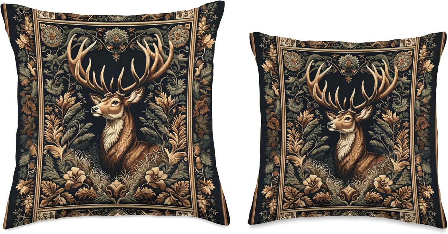 Vintage Deer Artwork Elegant Tapestry Motif Style Throw Pillow