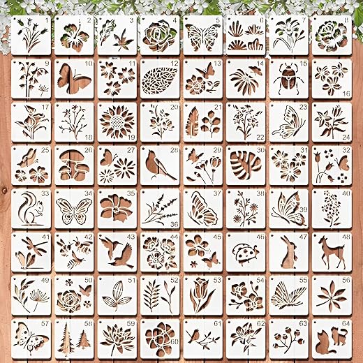 WJMY 64 Stück Wiederverwendbar Schablonen Set, 7.6 x 7.6cm Textilgestaltung Schablonen, Malschablonen für Scrapbooking DIY, Airbrush, Malerei. Plastikschablonen für Blumen und Tiere