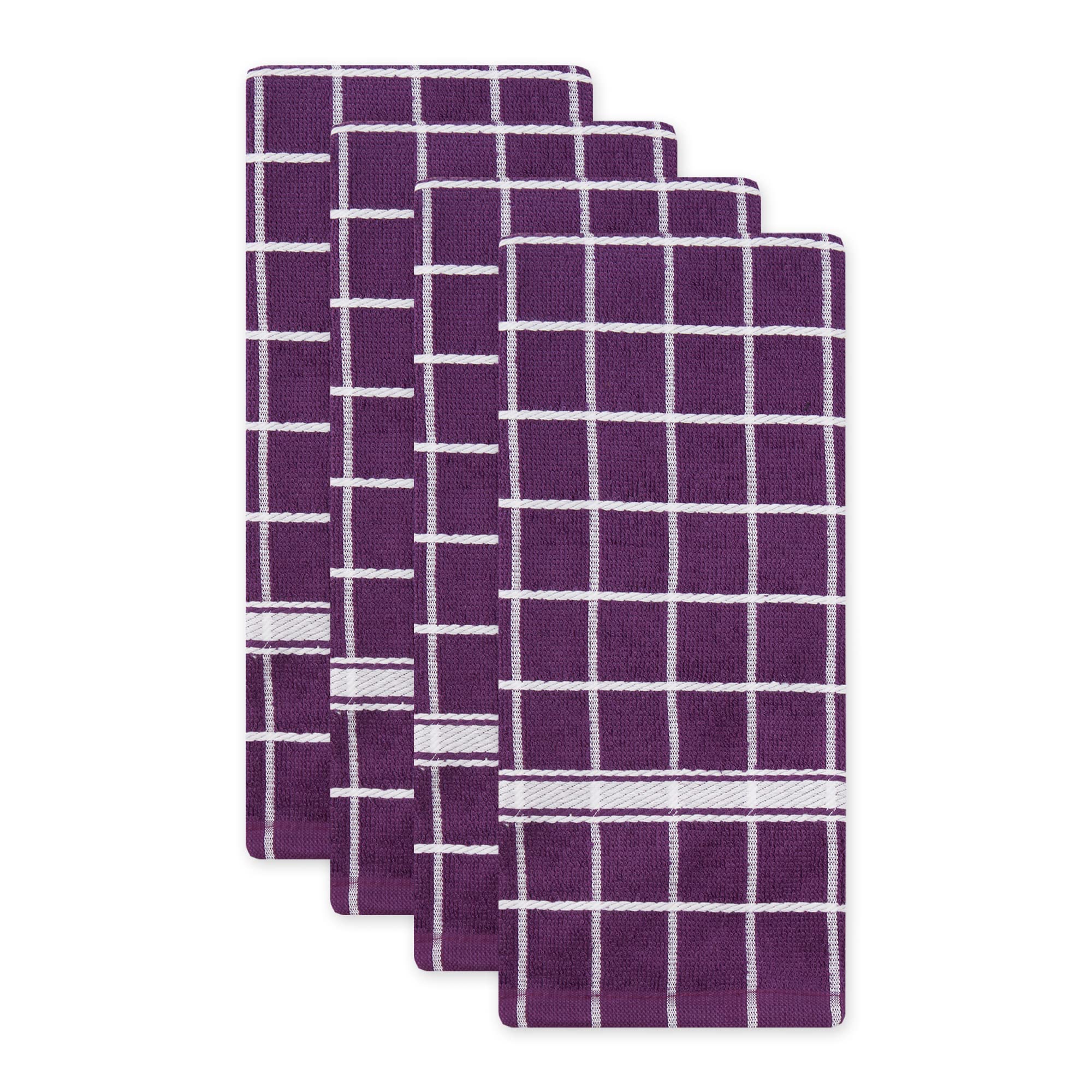 DII Cotton Terry Windowpane Dish Towels, 16 x 26" Set of 4, Machine Washable and Ultra Absorbent Kitchen Bar Towels-Eggplant Check 1
