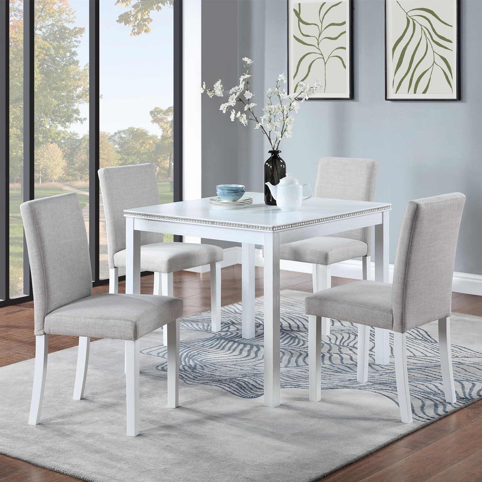 KEIKI 5-Piece Standard Height Dining Table Set with Square Table and 4 Upholstered Chair, for 4 Person, Modern Style Crystal Decoration Wood Table Set, Easy Assembly, for Kitchen, Dining Room, White
