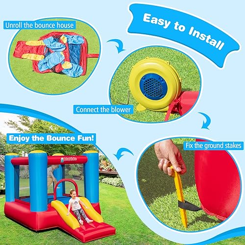 Miniatura 5 de OLAKIDS Castillo inflable de salto, castillo de salto 3 en 1 para niños con gran área de rebote, tobogán, borde de baloncesto, carrera de obstáculos