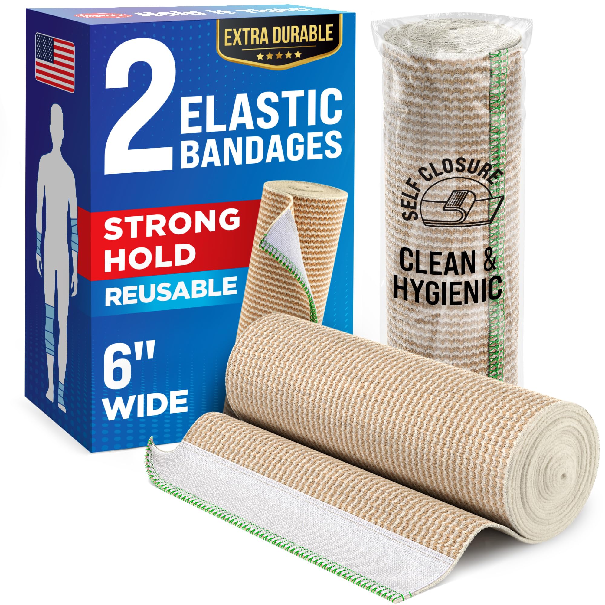 Premium Elastic Bandage Wrap - 6” (2pk) - Strong Compression - Self-Closing Reusable Bandages for Legs, Knee, Abdomen, Lymphedema - Body Wrap