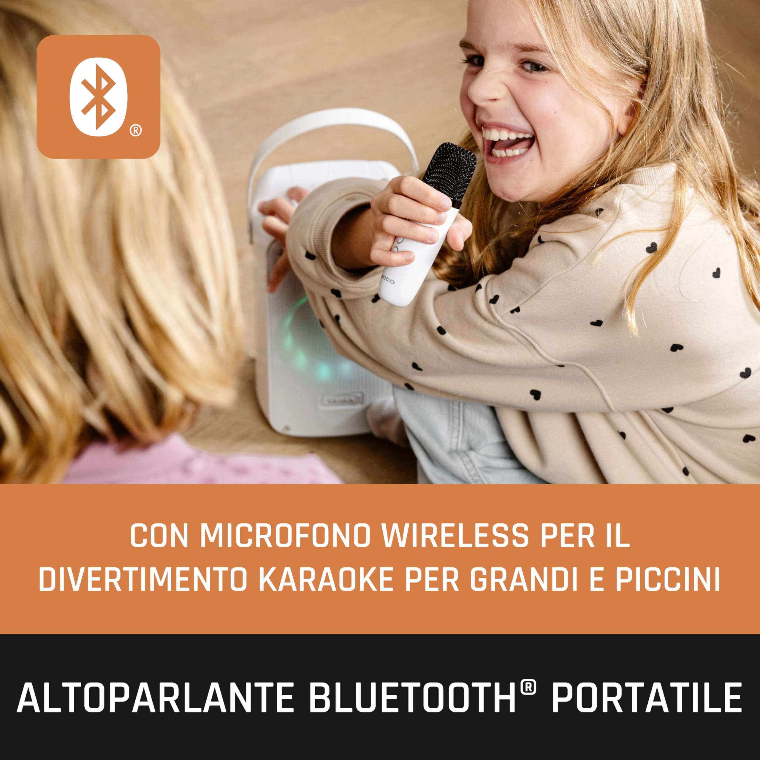 Lenco BTC-060 Macchina per karaoke portatile - Bluetooth 5.2-20 Watt RMS - 2 altoparlanti - microfono - telecomando - batteria integrata - effetti luce - bianco