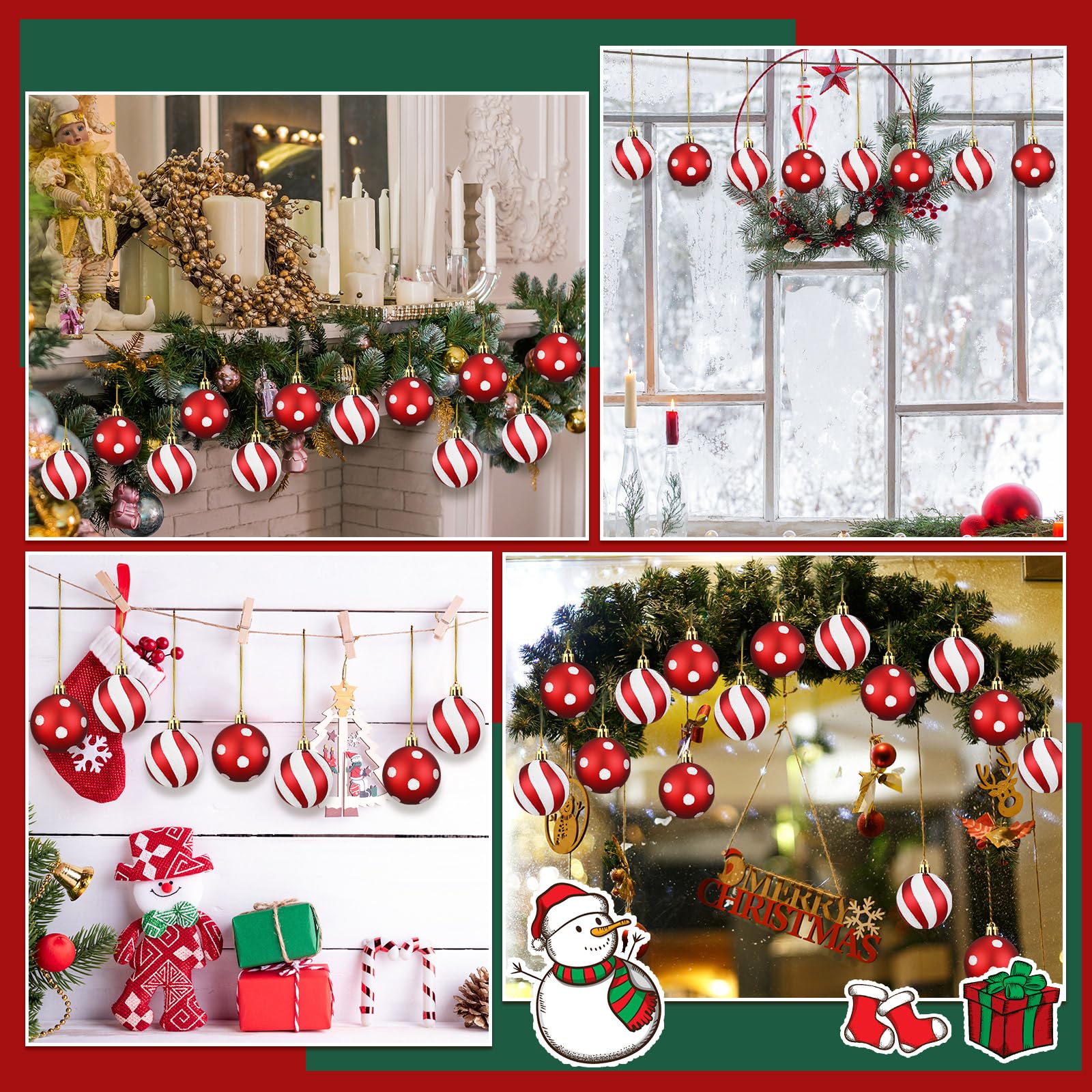 Lot de 24 boules de Noël à suspendre pour sapin de Noël, décorations de Noël à pois rouges et blancs, décoration de Noël, menthe poivrée, sucre d'orge, décoration de fête de mariage