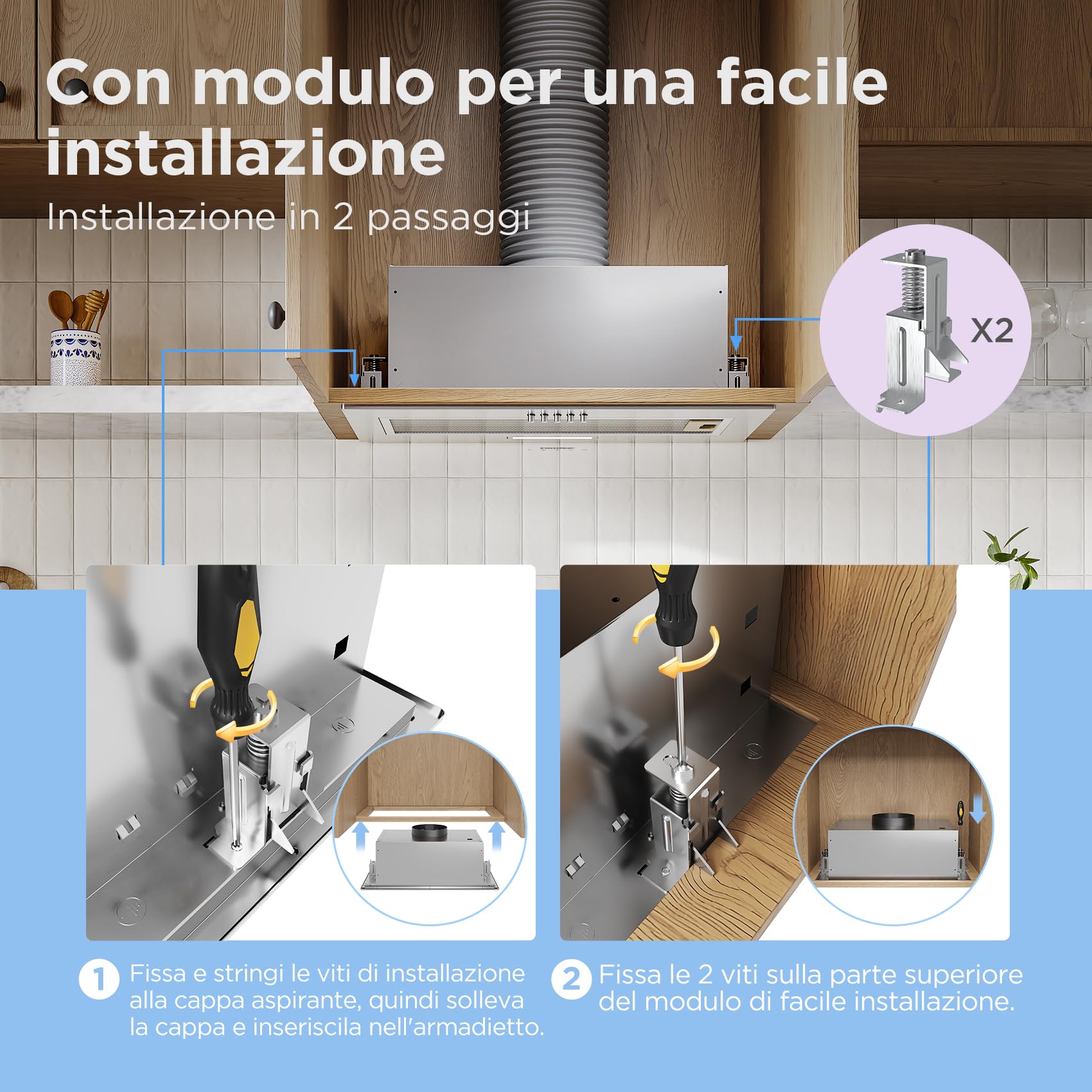 COMFEE' Cappa Aspirante 52 cm BIHT17SS-52 Cappa A LED Sottopensile Aspiratore A Parete Cappa Aspirazione Superiore 520 mm - Argento