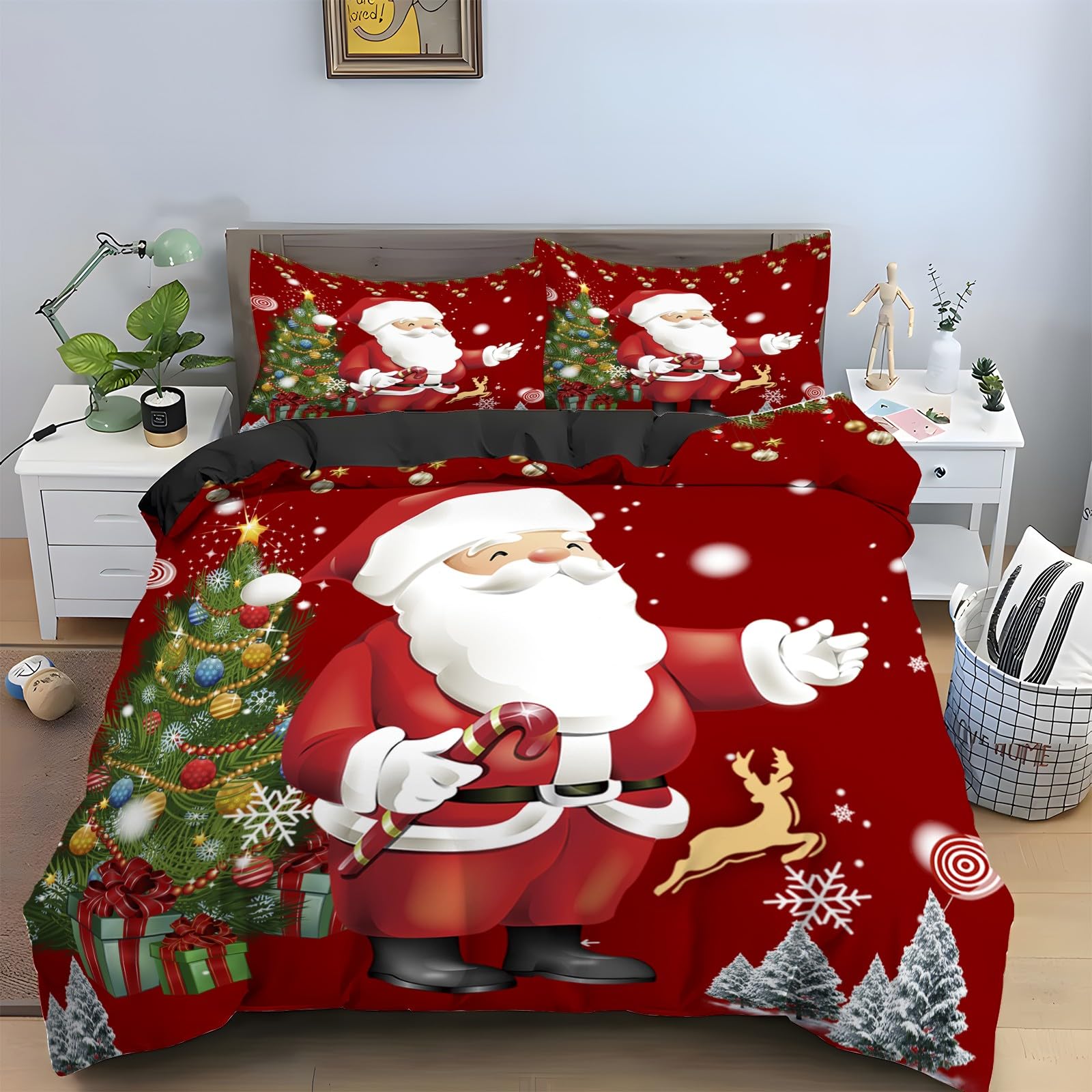 Parure de lit Père Noël 200x200 cm avec 2 taies d'oreiller en microfibre douce