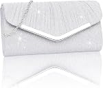 Larcenciel Evening Handbags pour femme, Silver Glitter Pleated Soiring Purs w/Chain, Enveloppe formelle enveloppe embrayage, Sequin épaule sac de corps pour Cocktail Prom Wedding Party Night,22x5x12cm