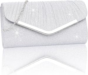 Larcenciel Women's Evening Handbags, Silver Glitter Pleated Evening Purses w/Chain, Formal Ladies Envelope Clutch, Sequin Shoulder Crossbody bag for Cocktail Prom Wedding Party Date Night,22x5x12cm
