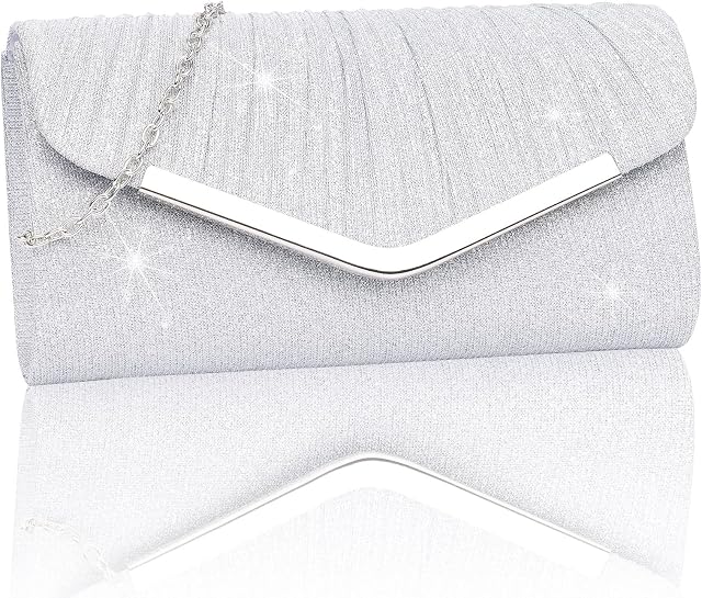 Larcenciel Evening Handbags pour femme, Silver Glitter Pleated Soiring Purs w/Chain, Enveloppe formelle enveloppe embrayage, Sequin épaule sac de corps pour Cocktail Prom Wedding Party Night,22x5x12cm