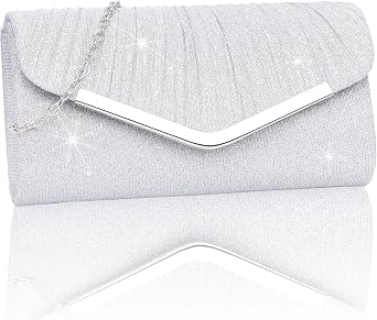 Larcenciel Womens Evening Handbags, Silver Glitter Pleated Evening Purses w/Chain, Formal Ladies Envelope Clutch, Sequin Shoulder Crossbody bag for Cocktail Prom Wedding Party Date Night,8.74.62in