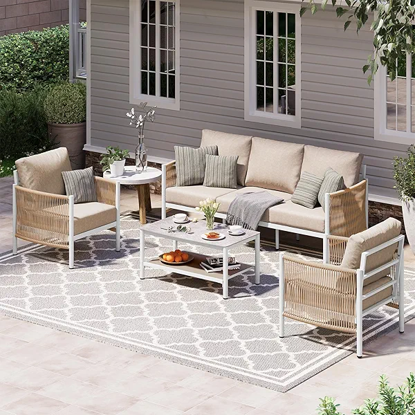 Oasbira Aluminum Outdoor Patio Furniture Set, HDPE Rope 4 Piece Modern Sectional Conversation Sets with Dual-Layer Coffee Table, All Weather Patio Couch Set with Thick Cushions, White Frame, Ivory