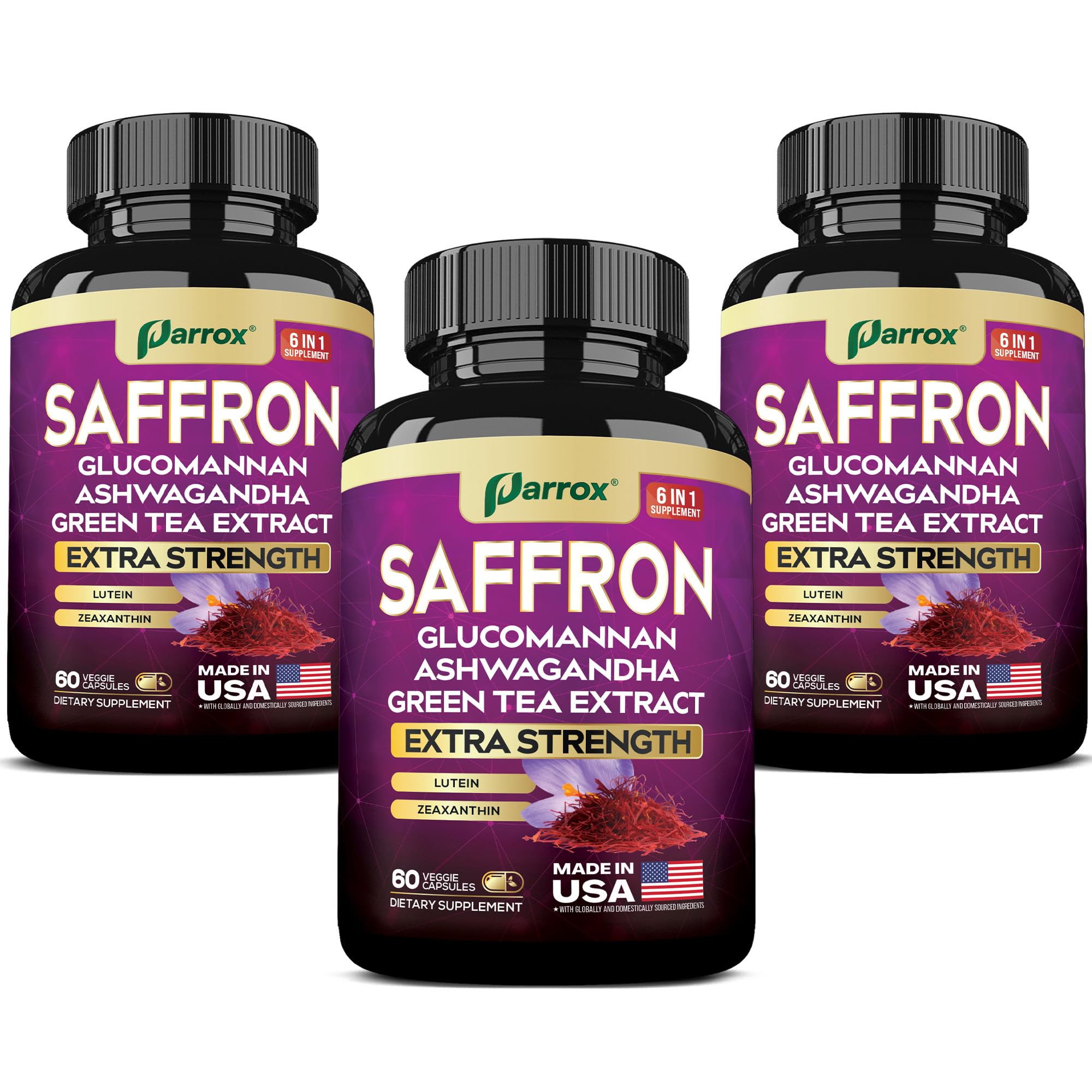 Parrox Suplemento de Luteína com Açafrão, Glucomanana, Ashwagandha, Extrato de Chá Verde e Zeaxantina, 180 cápsulas
