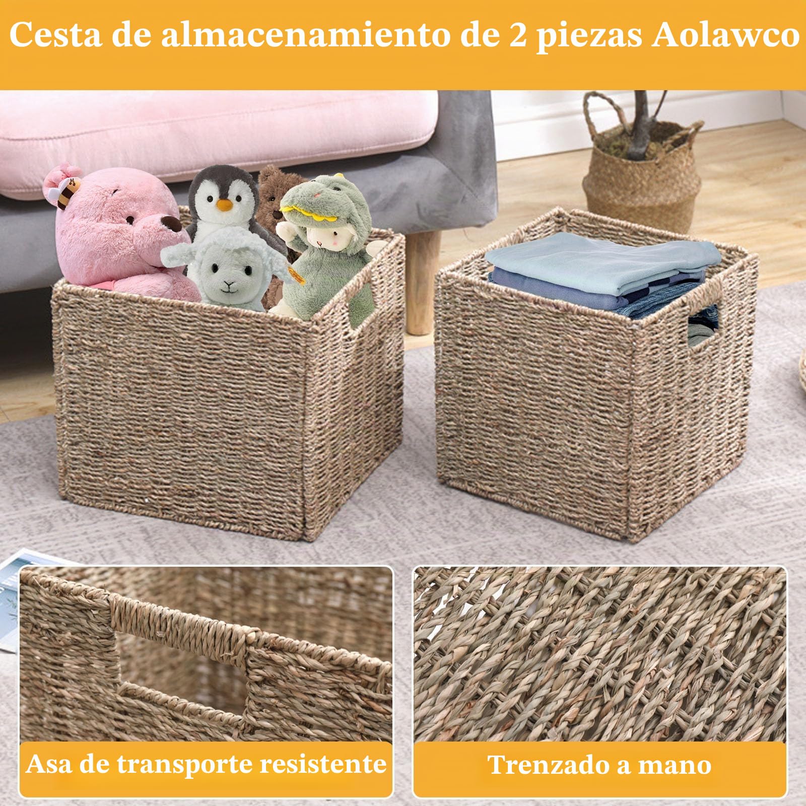 2 Cestas de Mimbre, Plegables Kallax para Almacenamiento, 28 x 28 x 28 cm, Cestas Almacenaje Mimbre para Estantes, Despensa, Baño, Salón