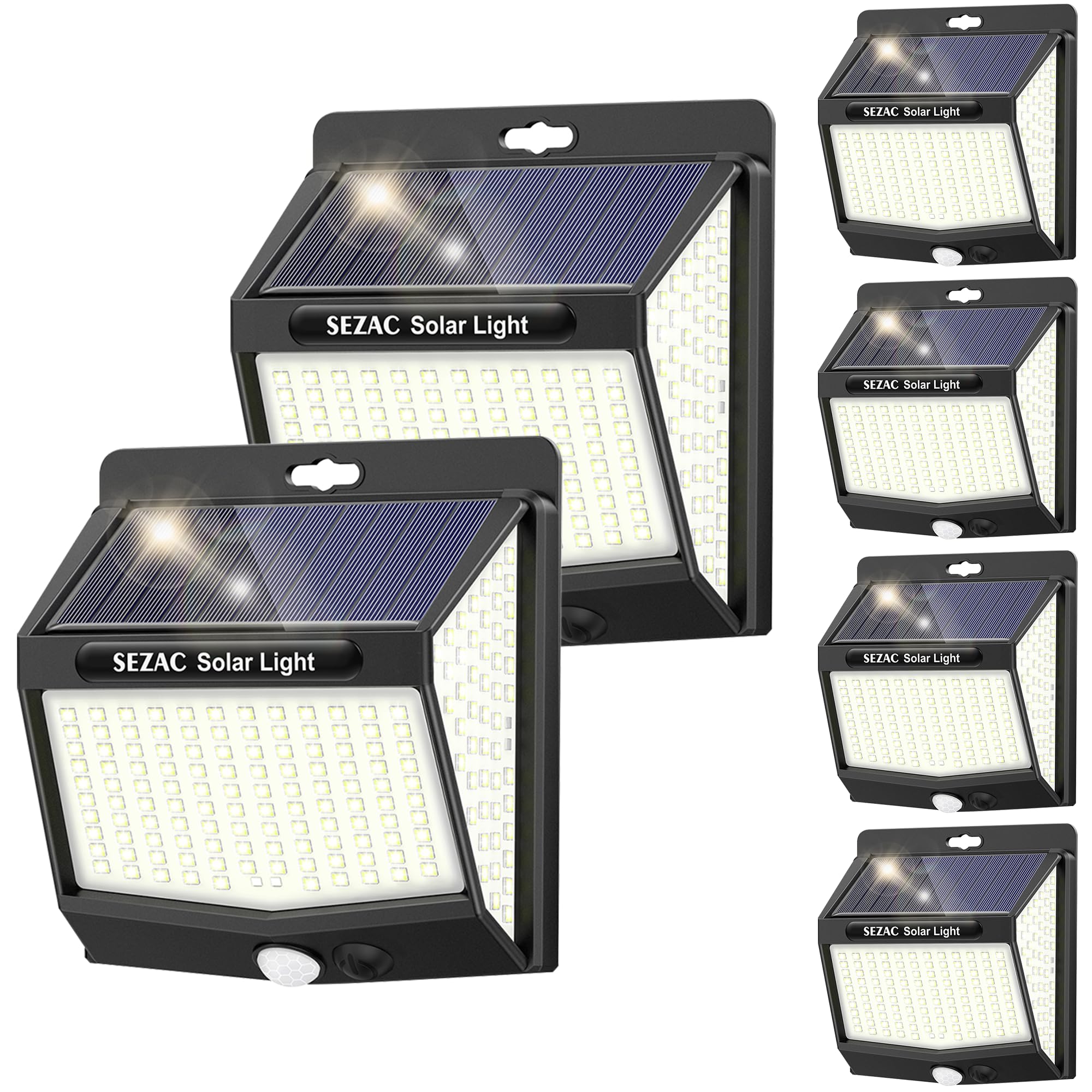 SEZAC Luz Solar Exterior [6 Paquete/3 Modes] 270° Súper Brillante Focos Led Exterior Solares con Sensor de Movimiento, IP65 Luces Solares Led exterior Jardin para Garajes, Caminos, Puertas Delanteras