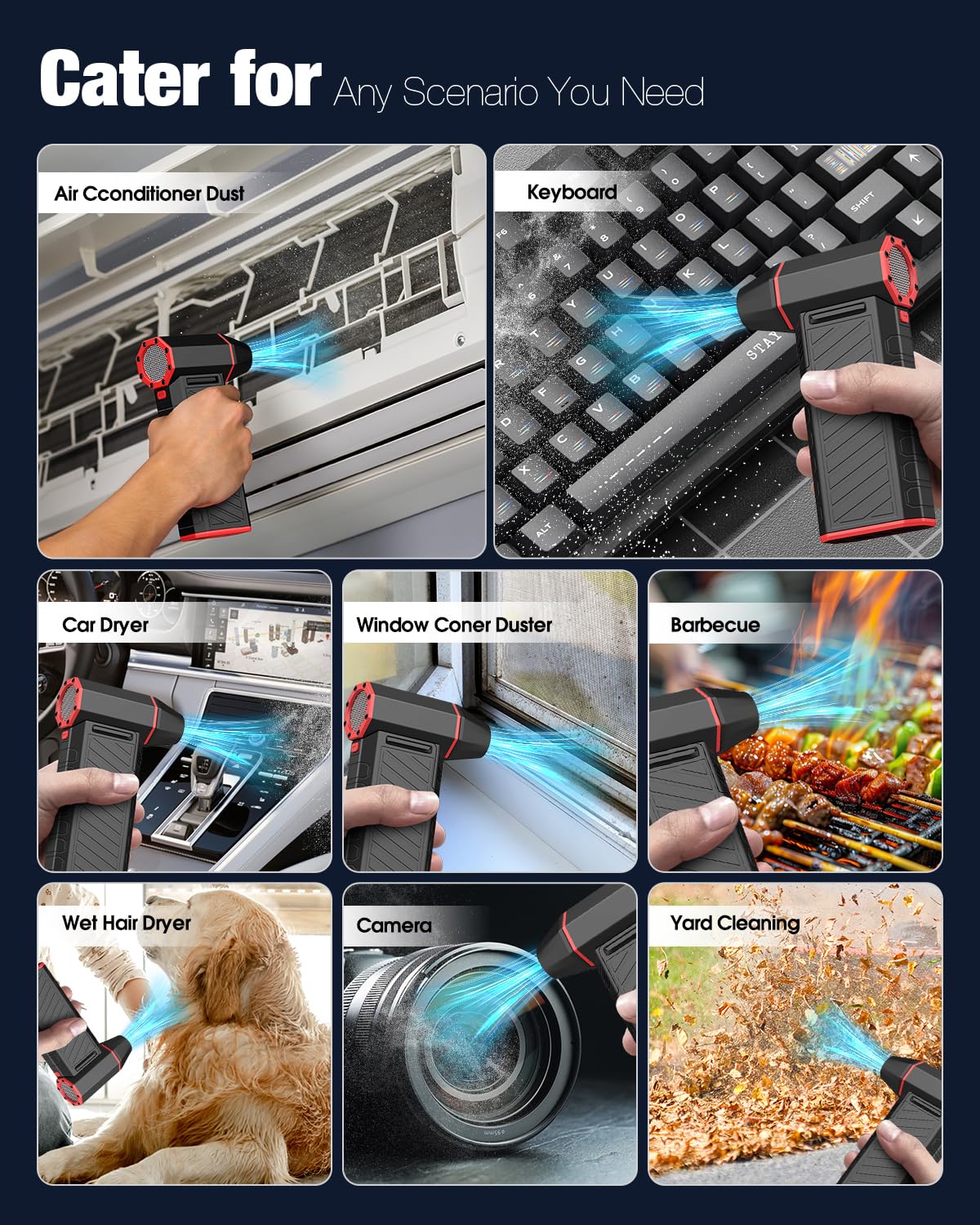 Elettrico Rimuovi Polvere Aria Compressa, 3 Velocità 15000 Giri Aria Compressa PC Air Duster, 7500mAh USB Ricaricabile Soffiatore d'aria Elettrico con illuminazione a LED per Laptop, Tastiera, Auto